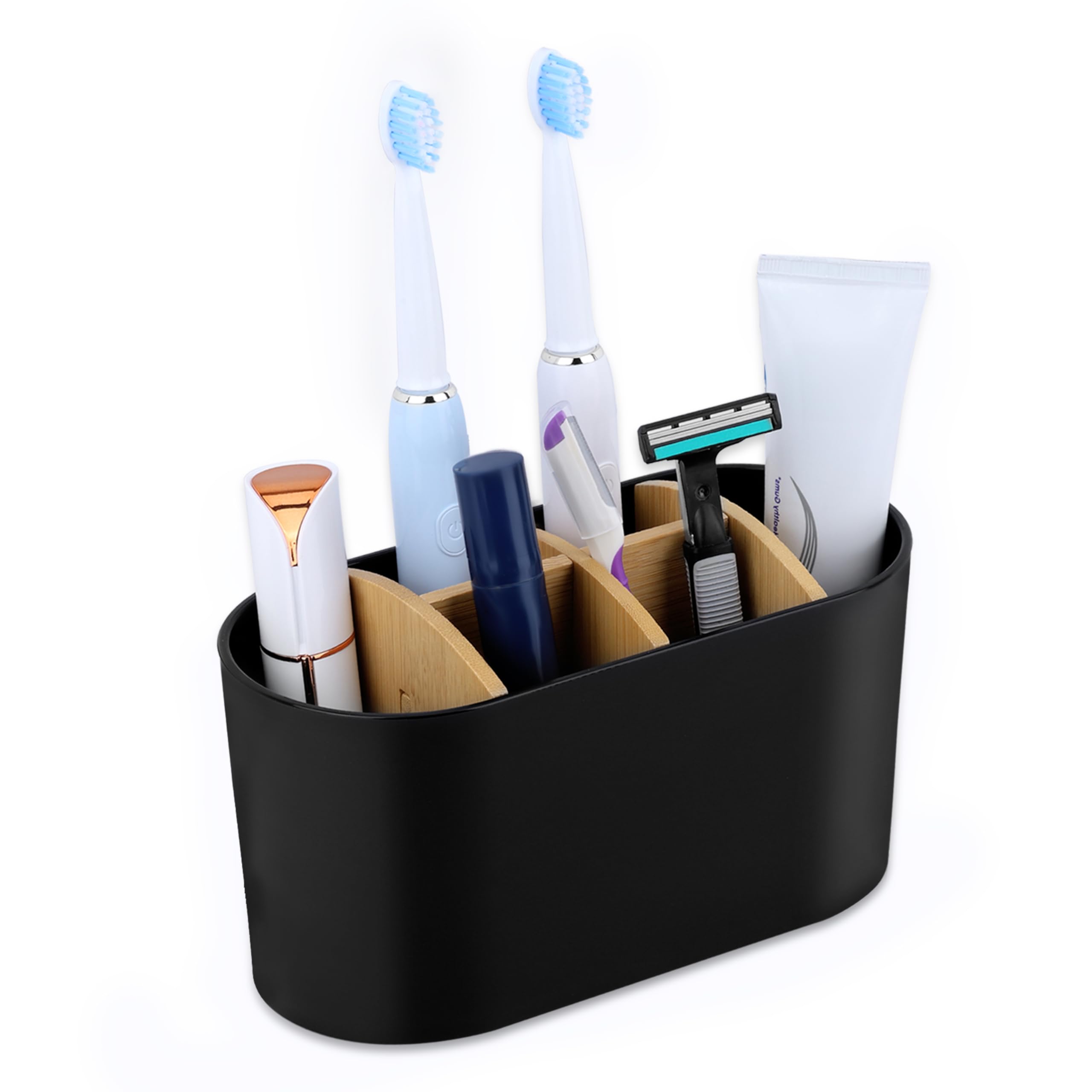 Belle Vous Bamboo Bathroom Toothbrush Holder With Dividers - Toothbrush Caddy Pot & Toothpaste Holder - Wooden Family Toothbrush Holder Organiser