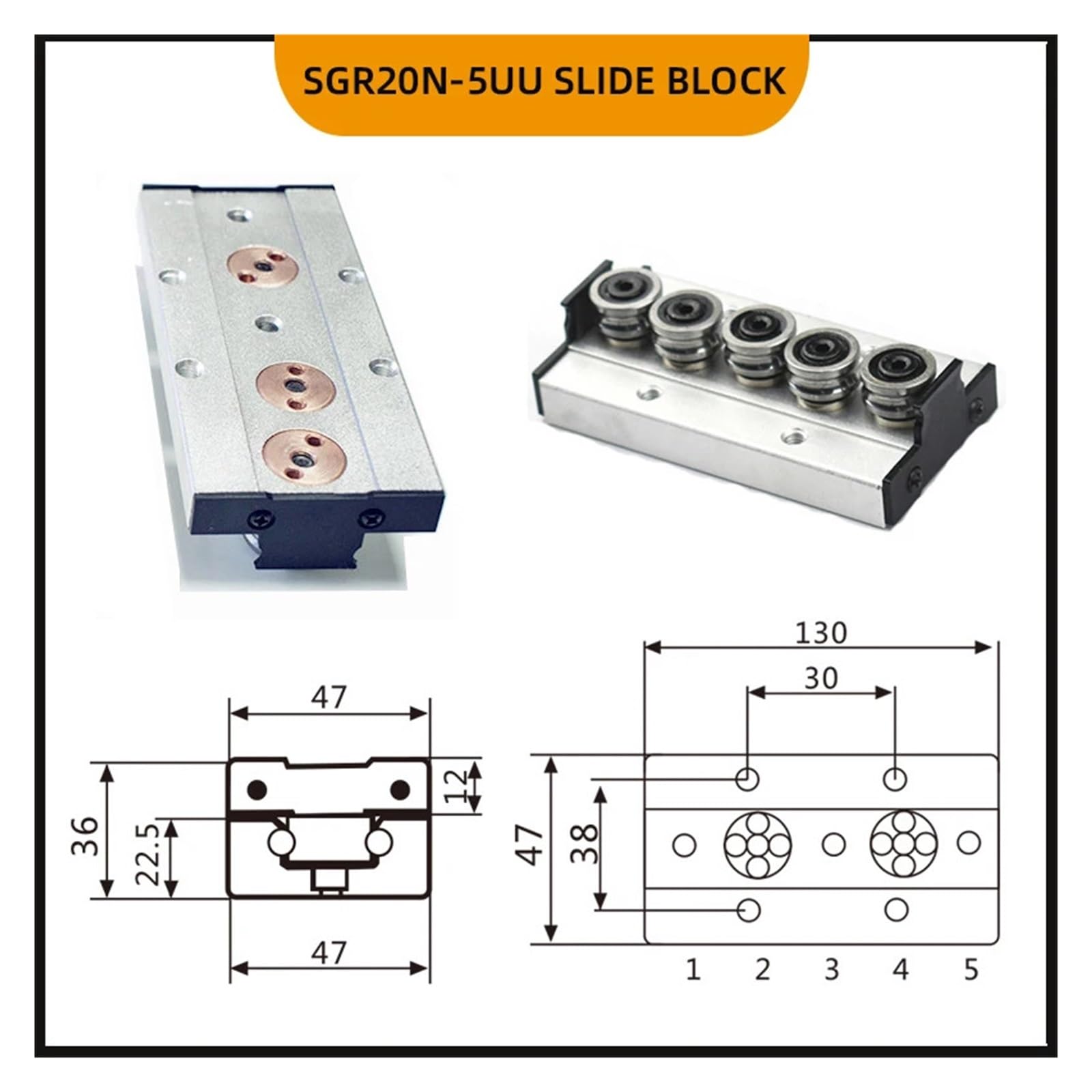 Carril lineal de doble eje incorporado, 47mm, SGR20N, 300~1400mm, deslizador rodillos, ruedas SGB20N, bloque deslizante rectangular for carpintería | SGB20N-3UU Block