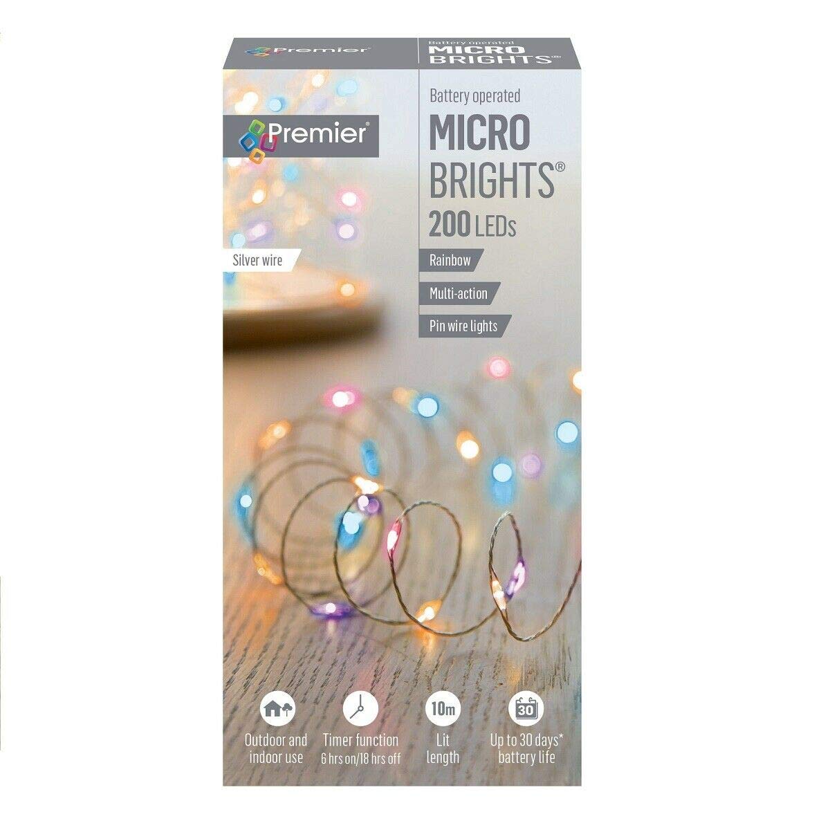Premier 200 LED Multi-Action Battery Operated Pin Wire Lights Timer RAINBOW