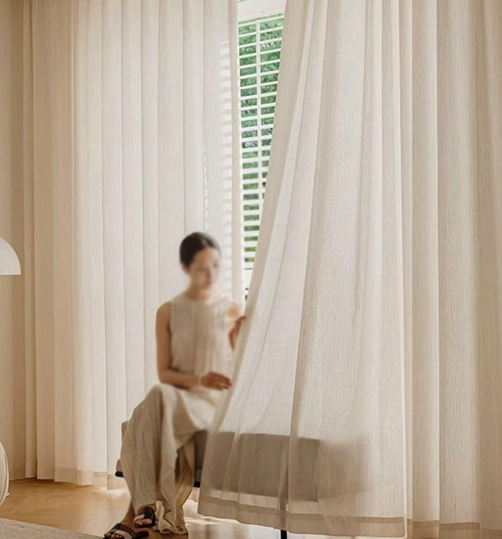 Voile Curtains, Rideaux d'Extérieur Transparent Beige Couleur Unie avec Textures Géométriques Chanvre Lot de 2 137W x 229L cm