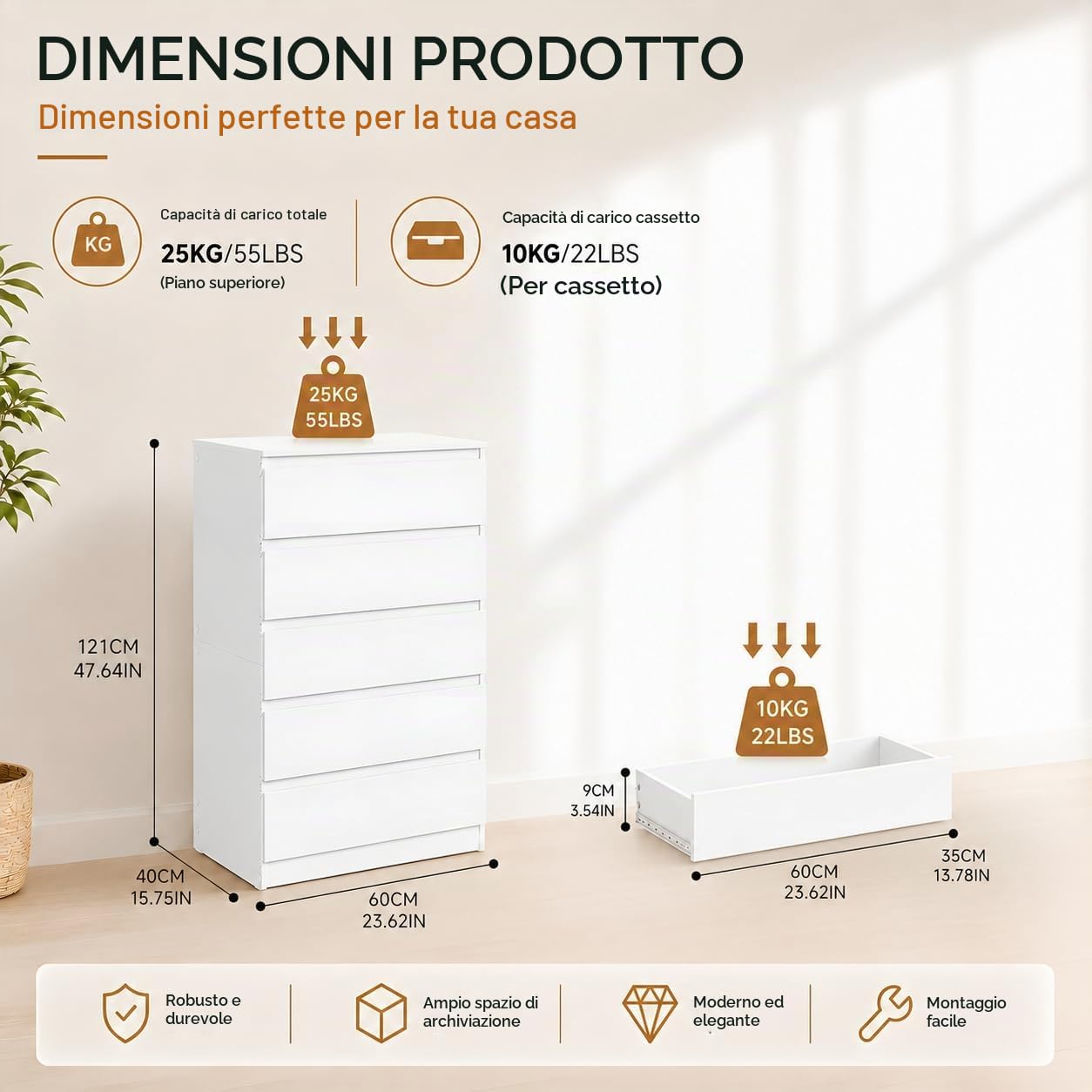Cassettiera Bianca 5 Cassetti, 60 x 40 x 121 cm, senza Maniglie