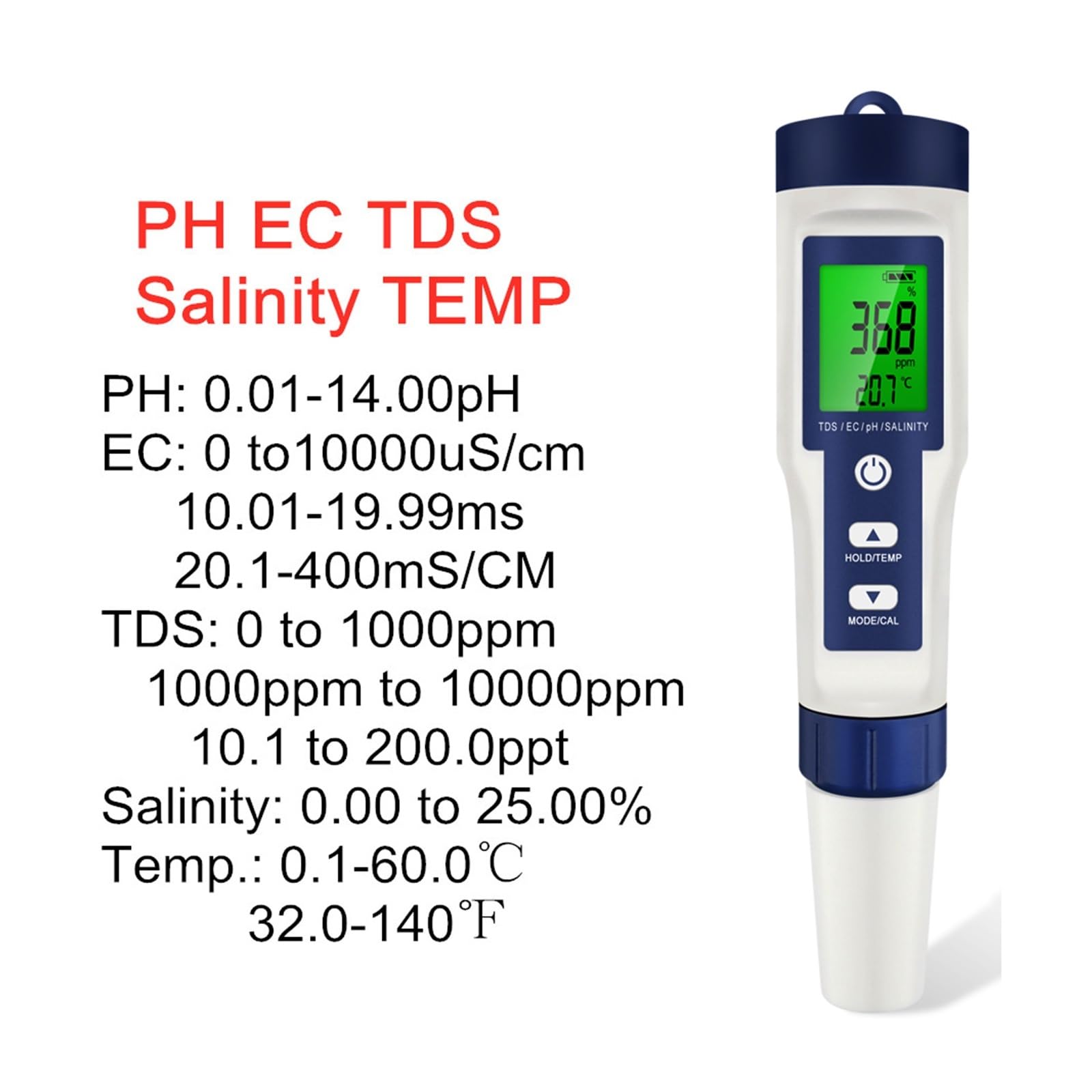 Tester miernika PH, 5 w 1 cyfrowy miernik PH TDS EC tester temperatury zasolenia przewodność filtr wody pióro czystości z podświetleniem,Woda pitna, Hydroponika, SPA, Browarnictwo(With backlight)