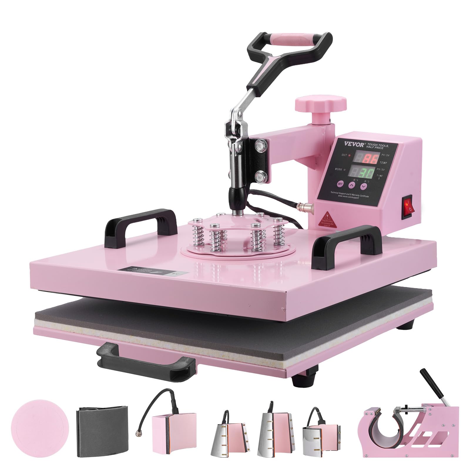 VEVOR Macchina per Trasferimento Termico 380 x 380 mm Macchina per Pressatura a Caldo 8 in 1 con Pressa a Tamburo 0,17 kg-0,85 kg Pressatura per Magliette Oscillante a 360° per Magliette/Piatti, Rosa