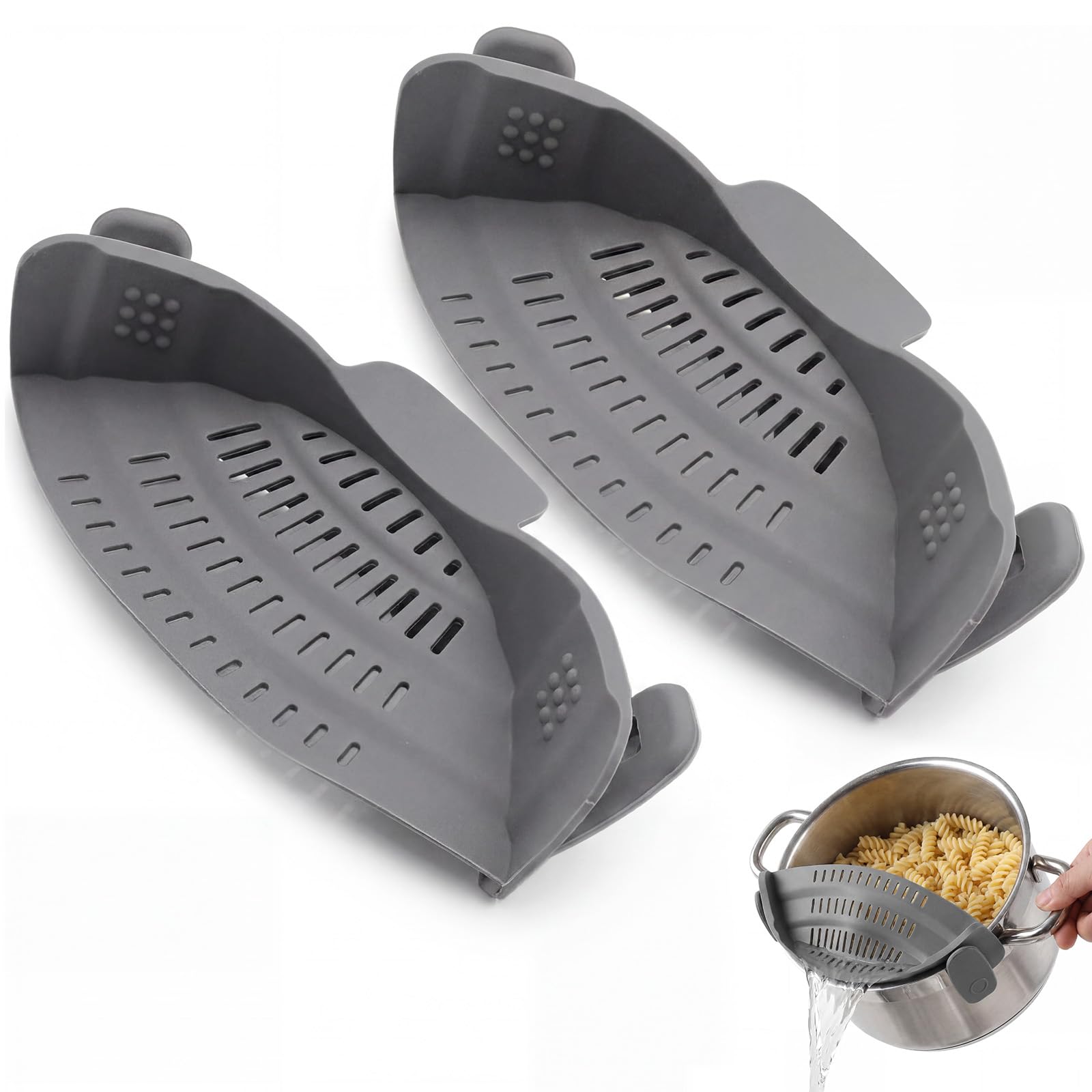 Silikon Sieb zum Anklemmen, Küchensieb Abtropfsieb für Töpfe und Pfannen, Clip-On Nudelsieb Abgießhilfe für Pasta, Gemüse und Obst, hitzebeständig, Grau, 1 Stück