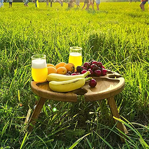 Nuaueaw Outdoor Folding Wine Table, Round Wooden Picnic Table, Lawn Wine Glass Rack Cheese Board, for Backyard Entertainment, Beach Camping, Concert Cocktail, Garden Party, Easy To Carry (brown)