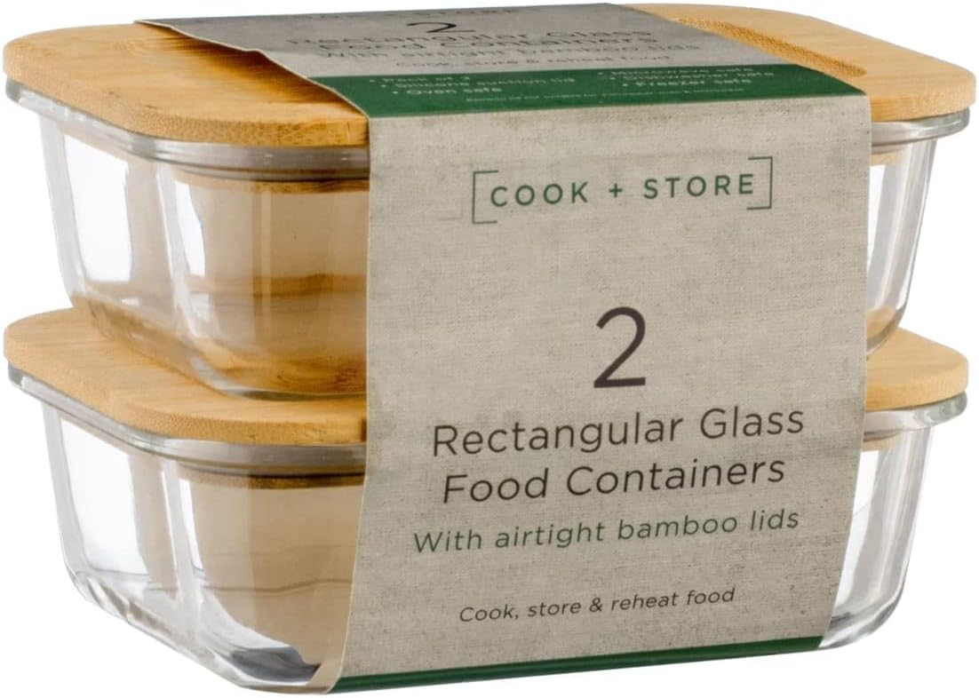 HOMELOX Rectangular Glass Food Containers with Bamboo Lids 2pk Food ...