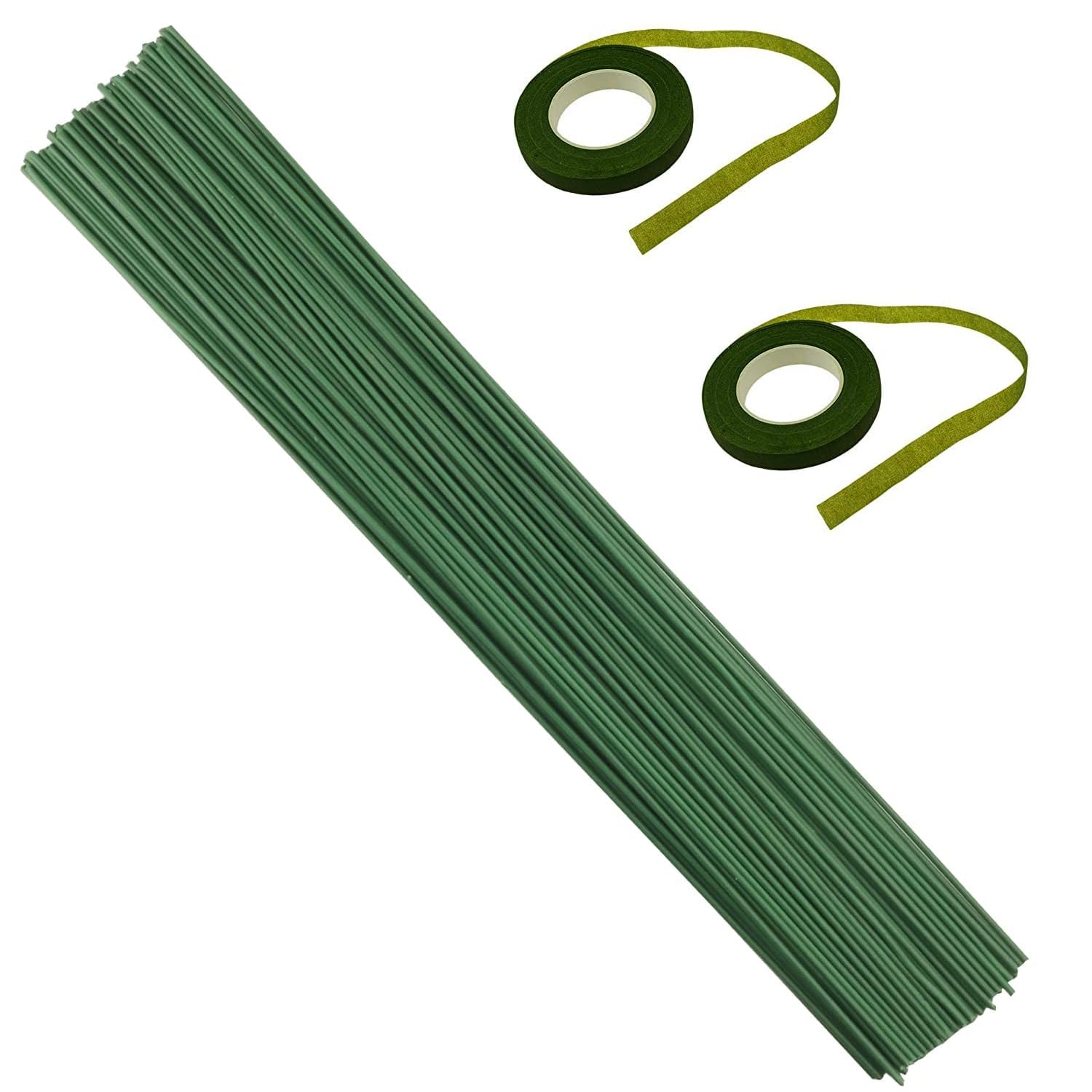 15.5 Inch Dark Green Floral Stem Wire Crafting Floral Paper Wrapped Wire for Artificial Flowers Making, Plant Stub Stem (50 pc wire & 2pc Tape, Green Plastic Coated 15Inch)