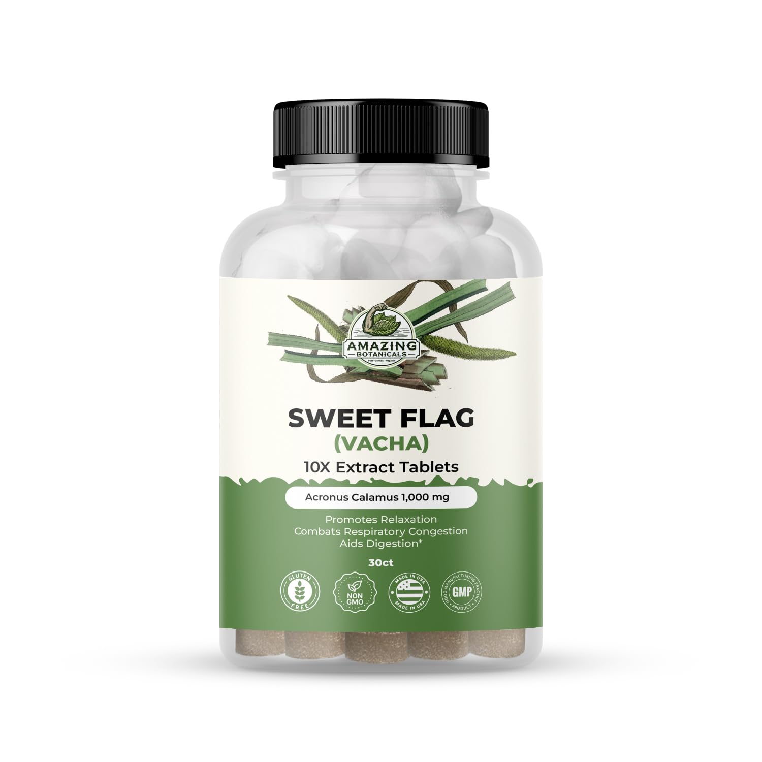 Sweet Flag (Vacha) 10X Extract Tablets 1,000 mg - Acorus Calamus Extract - 30 Count - Natural Herbal Supplement for Overall Wellness
