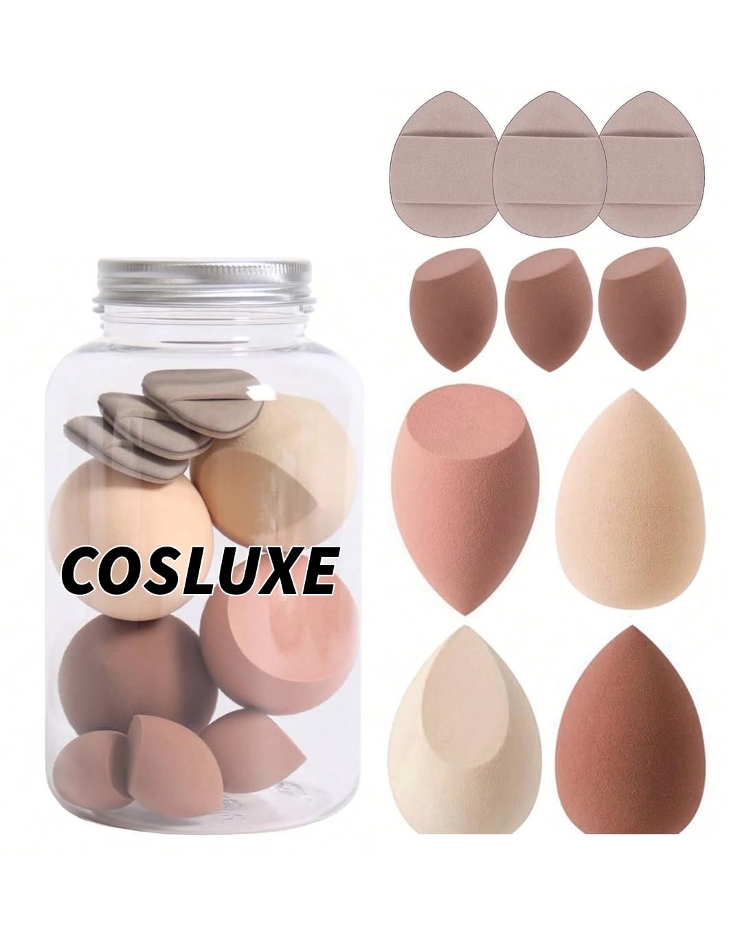 COSLUXE 10Pcs Makeup Sponges Set With Storage Case, Including 4 Blenders, 3 Mini Beauty Blenders, 3 Mini Finger Cushions For Liquid, Cream & Powder, Multicolor Makeup Sponge Set for All types Of Skin