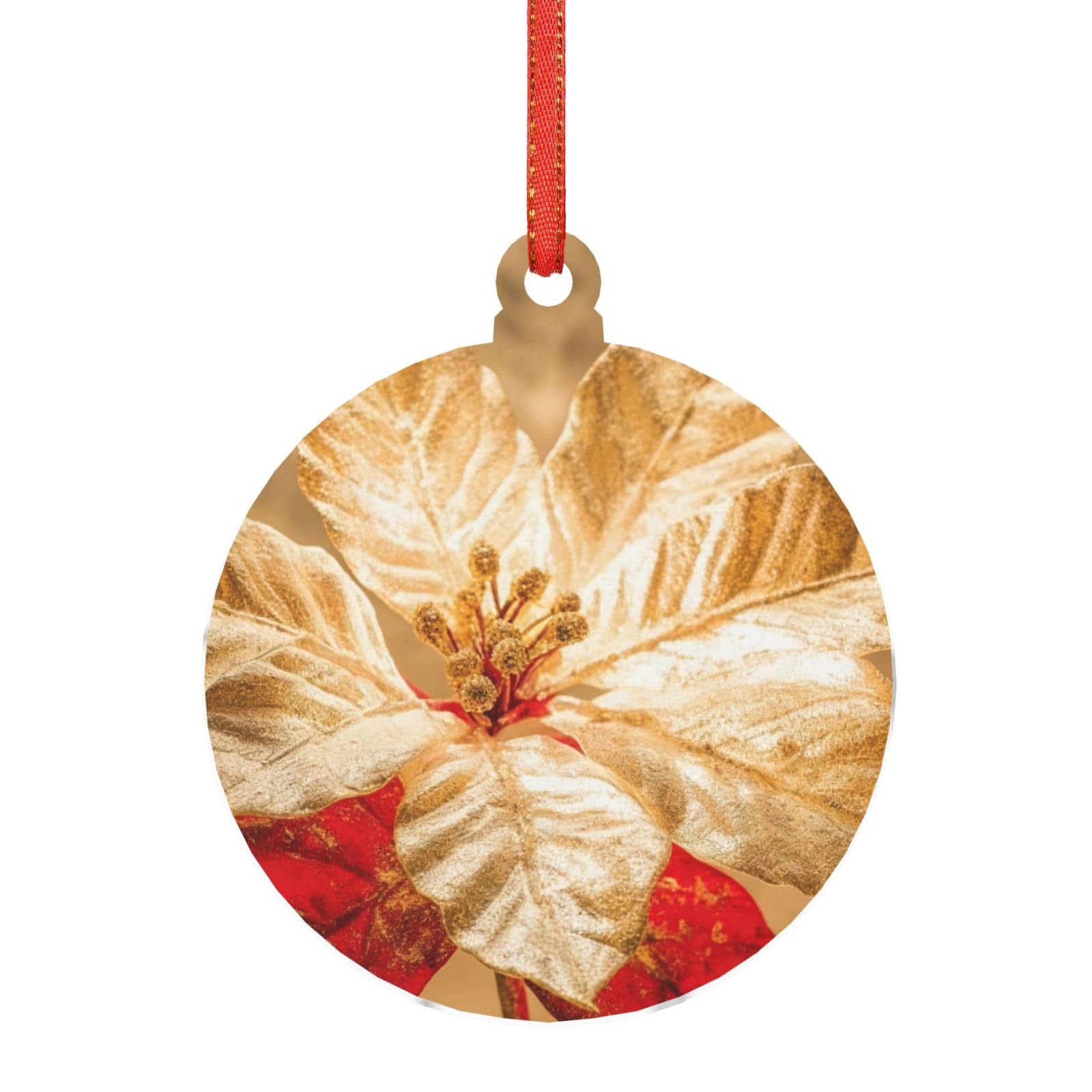 Acrylic Ornament Christmas Tree Decoration Clear Round Pendant with Red Ribbon Gold and Red Leaves Christmas Ornaments Indoor Outdoor Hanging Acrylic Pendants for Xmas Party Decor