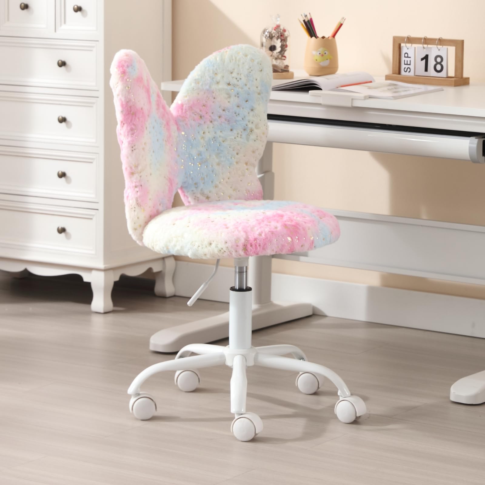 chairus Silla de Escritorio Infantil de Lana Sintética Silla Giratorio de Estudio con Forma de Mariposa, Silla Estudiante Habitación con Ruedas Silenciosas para Niños/Juvenil, Rosa