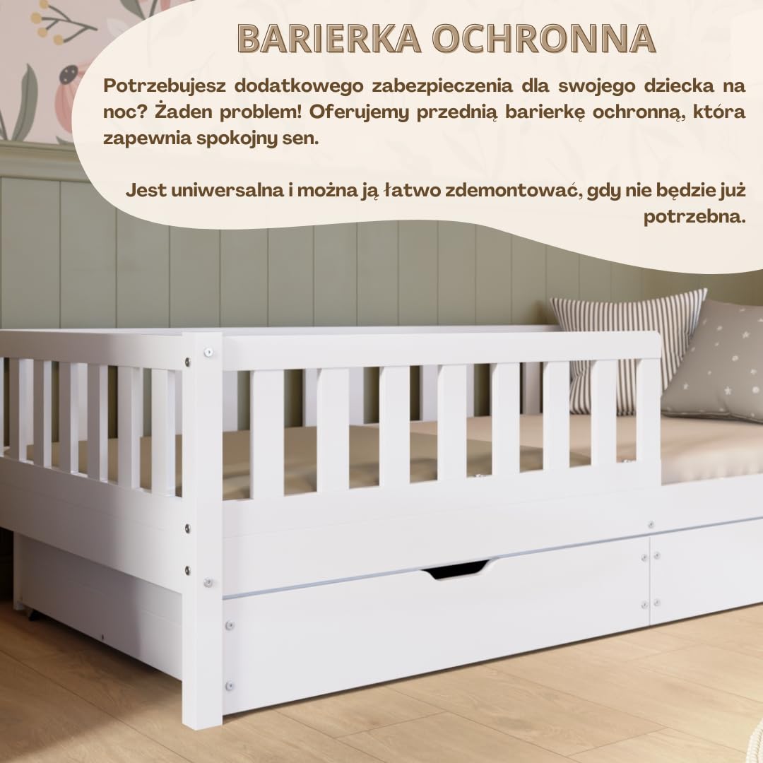 Łóżko dziecięce z szufladami Crazy Basic 200 x 120 cm - Montessori białe łóżko z zabezpieczeniem przed wypadnięciem - Bezpieczne dla najmłodszych - Łatwy montaż