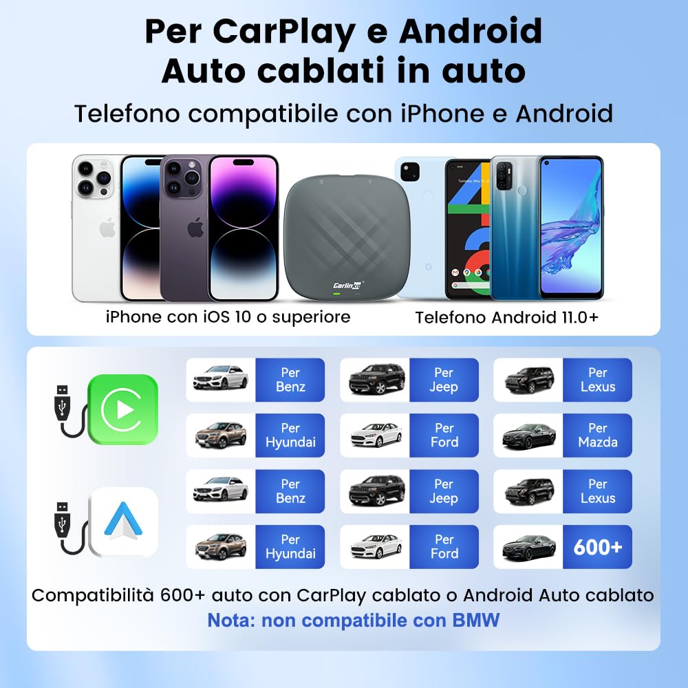 CarlinKit Multimedia 3 in1 AIBox Android 13.0 System Wireless CarPlay Adapter, per auto con cablato CarPlay/Android Auto, supporta Netflix YouTube ect