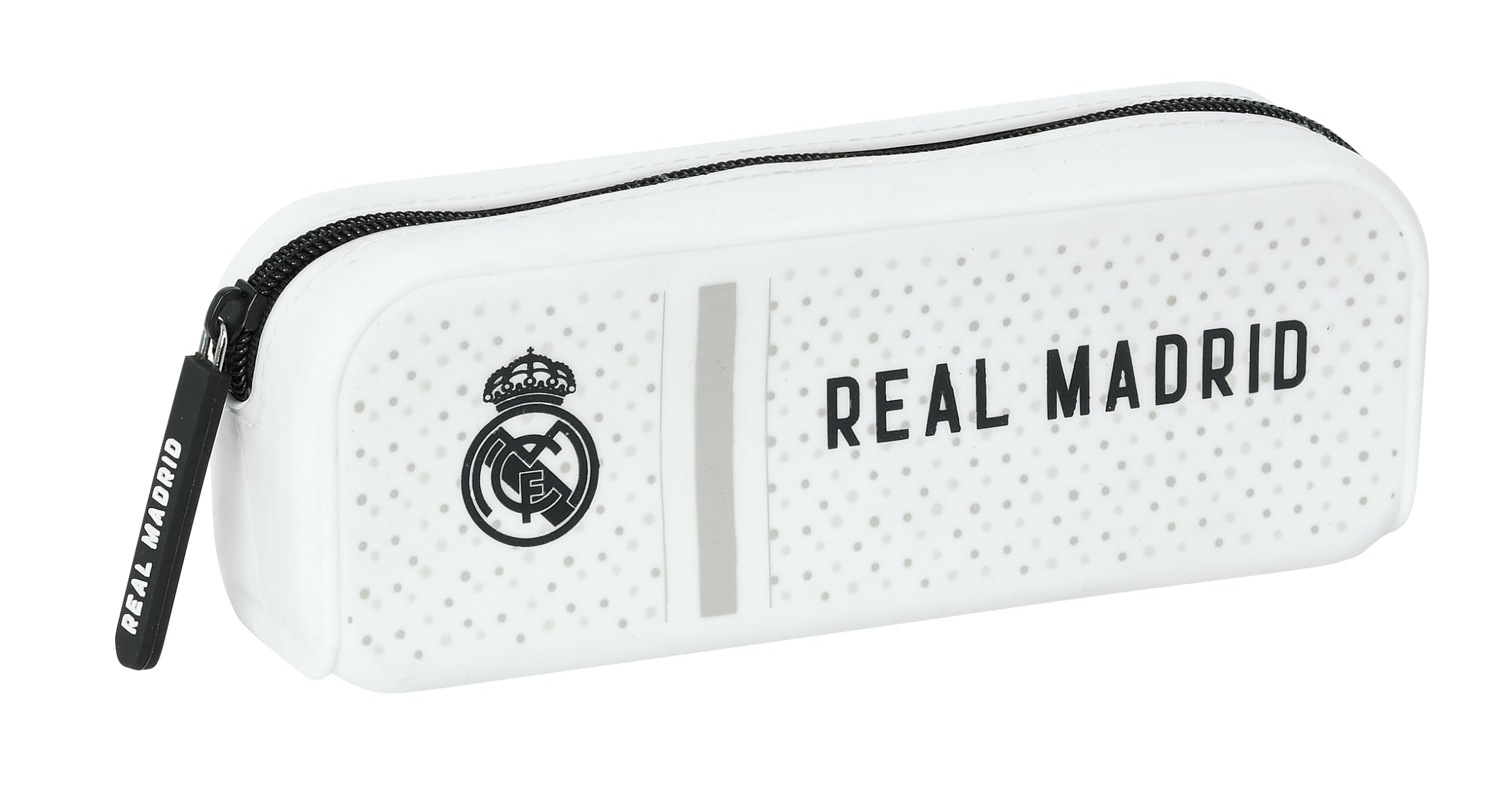 Safta Real Madrid 1ª EQUIPACIÓN 24/25 - Portatodo Cuadrado Silicona, Estuche Infantil, Estuche Niño, Ideal para Niños en Edad Escolar, Cómodo y Versátil, 18.5x5.5x7.5 cm, Color Blanco/Gris