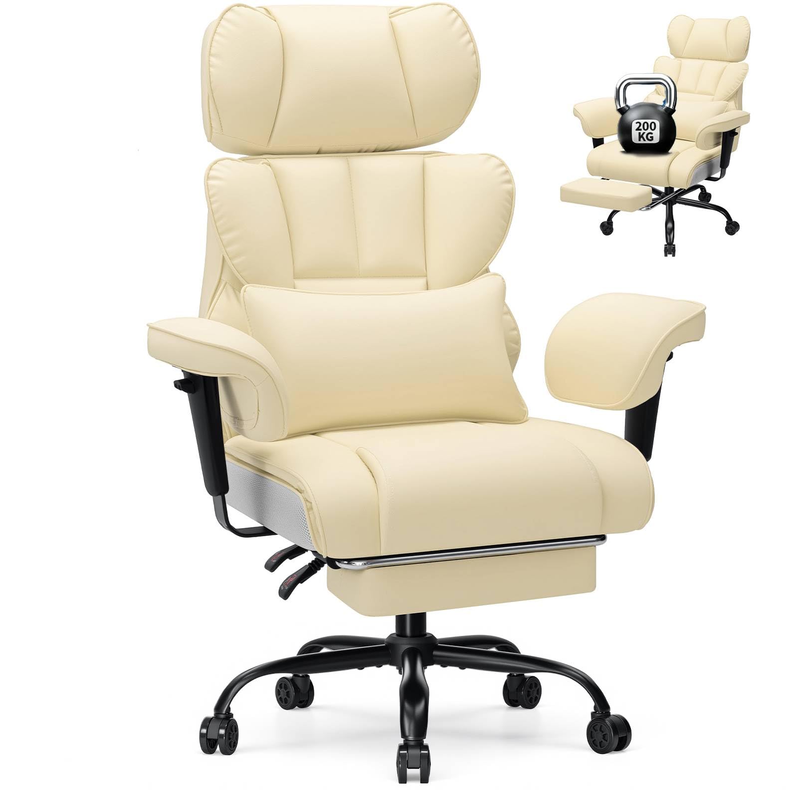 HOFFREE Ergonomischer Bürostuhl mit Fußstütze PU Leder Chefsessel mit 155° Liegefunktion, Verstellbare Armlehnen und Kopfstütze, Bürosessel Chefsessel 200kg für Büro und Schlafzimmer (Beige)