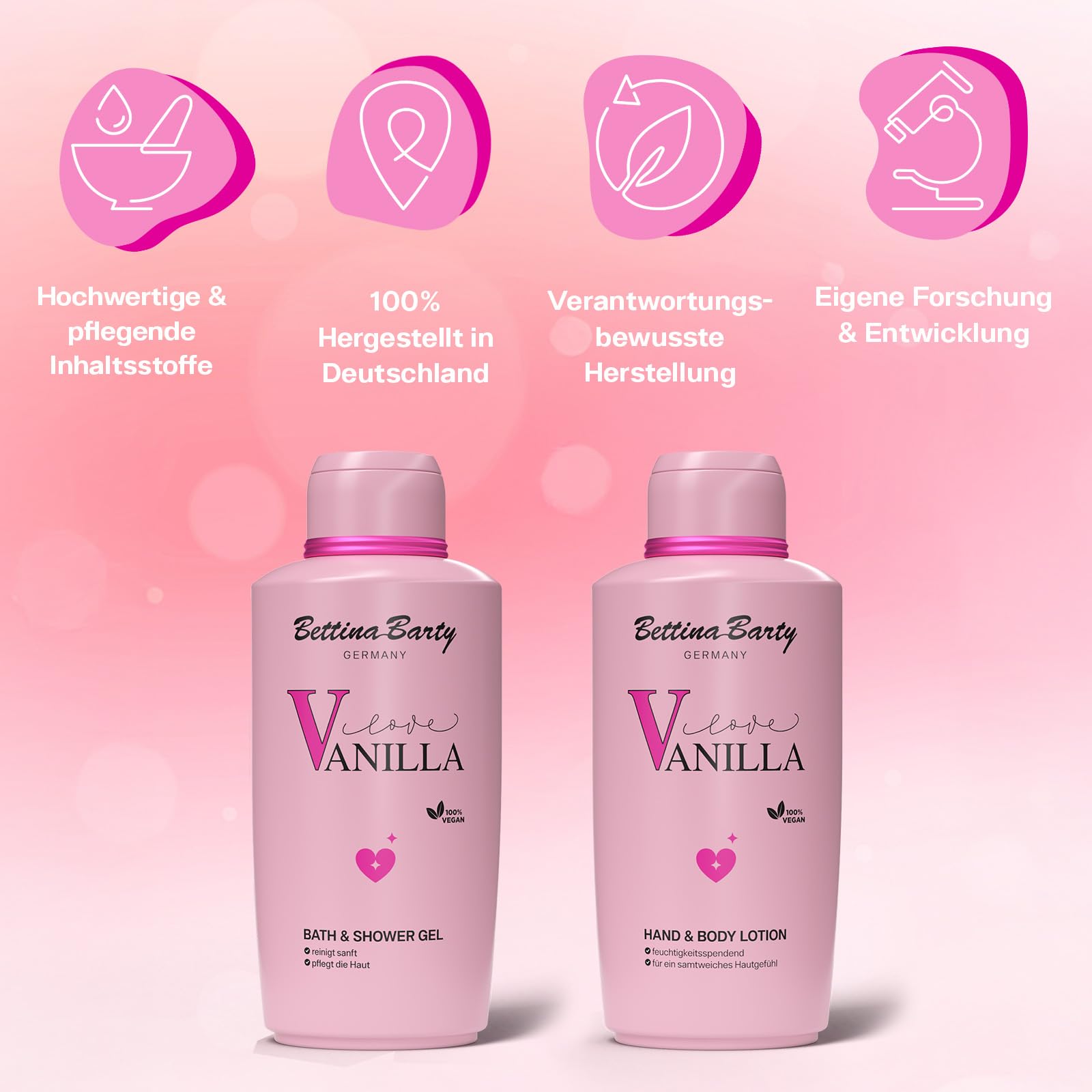 Bettina Barty Love Vanilla Hand & Body Lotion 12 x 500 ml – Feuchtigkeitspflege mit süß-warmem Vanilleduft für Haut & Hände – Mit schnell einziehender Formel