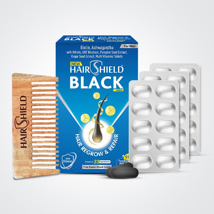 Hairshield Black Tablets for Men (3x10 Tab) | 30 Days Pack | Powered with 33 Ingredients including Biotin, Ashwagandha, Millets | Hair Regrow & Repair Formula with DHT Blockers | Free Neem Comb (B0CNXWZY6G) Amazon Price History, Amazon Price Tracker