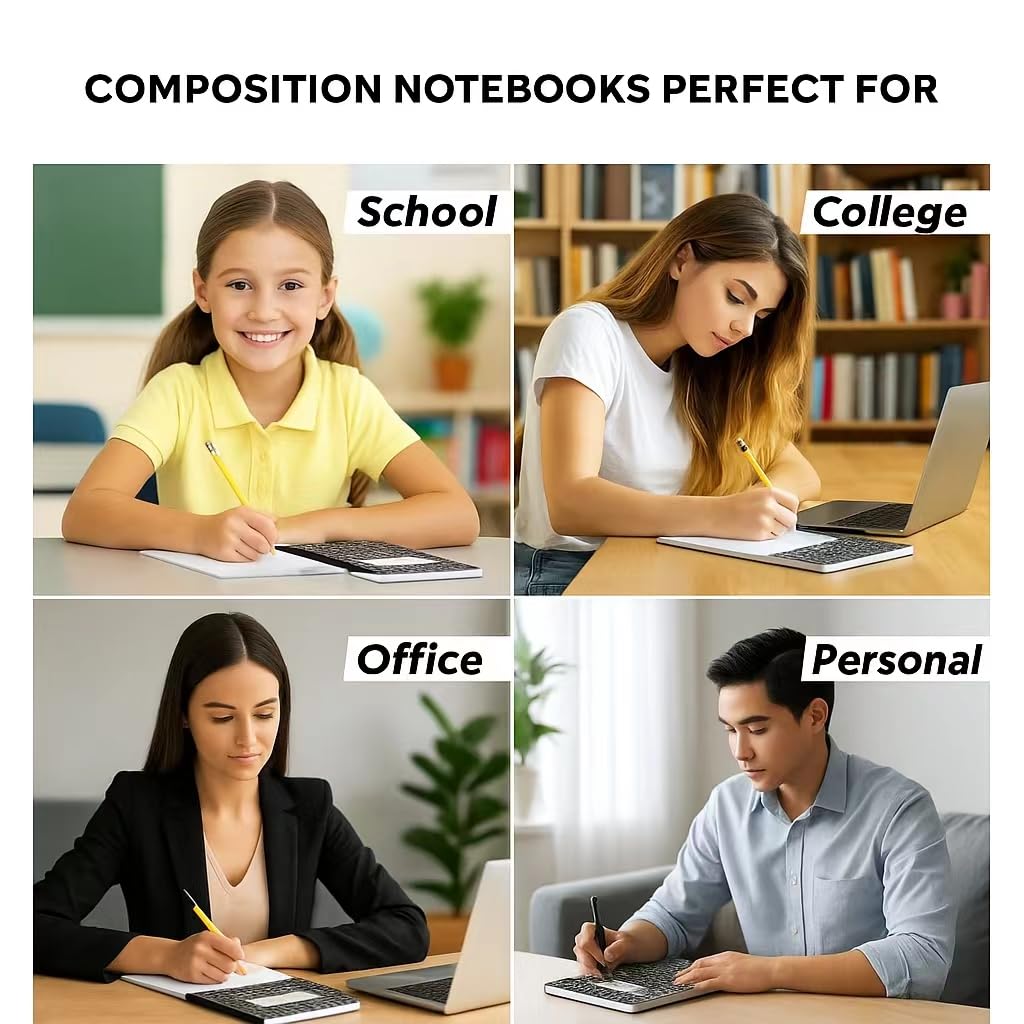 Woodlake Quaderni a righe larghe, confezione da 12, 100 fogli/200 pagine, 24 x 19 cm, copertina in marmo bianco e nero, rilegatura cucita robusta, made in USA, per scuola, ufficio e università
