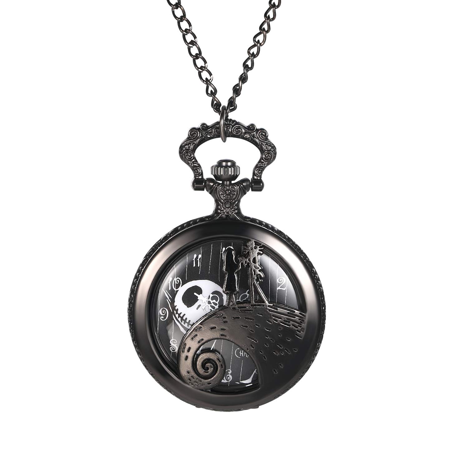 JewelryWe Nightmare Before Christmas Pocket Watch for Men Women Antique Quartz Pendant Chain Necklace Watch for Valentine's Day