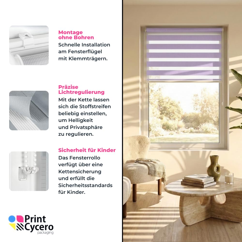Doppelrollo Klemmfix ohne Bohren 90 x 150 cm, DuoRollo, Rollo für Fenster und Türen - Fensterrollo - Zebrarollo, Lichtdurchlässig & Verdunkelnd - Violett