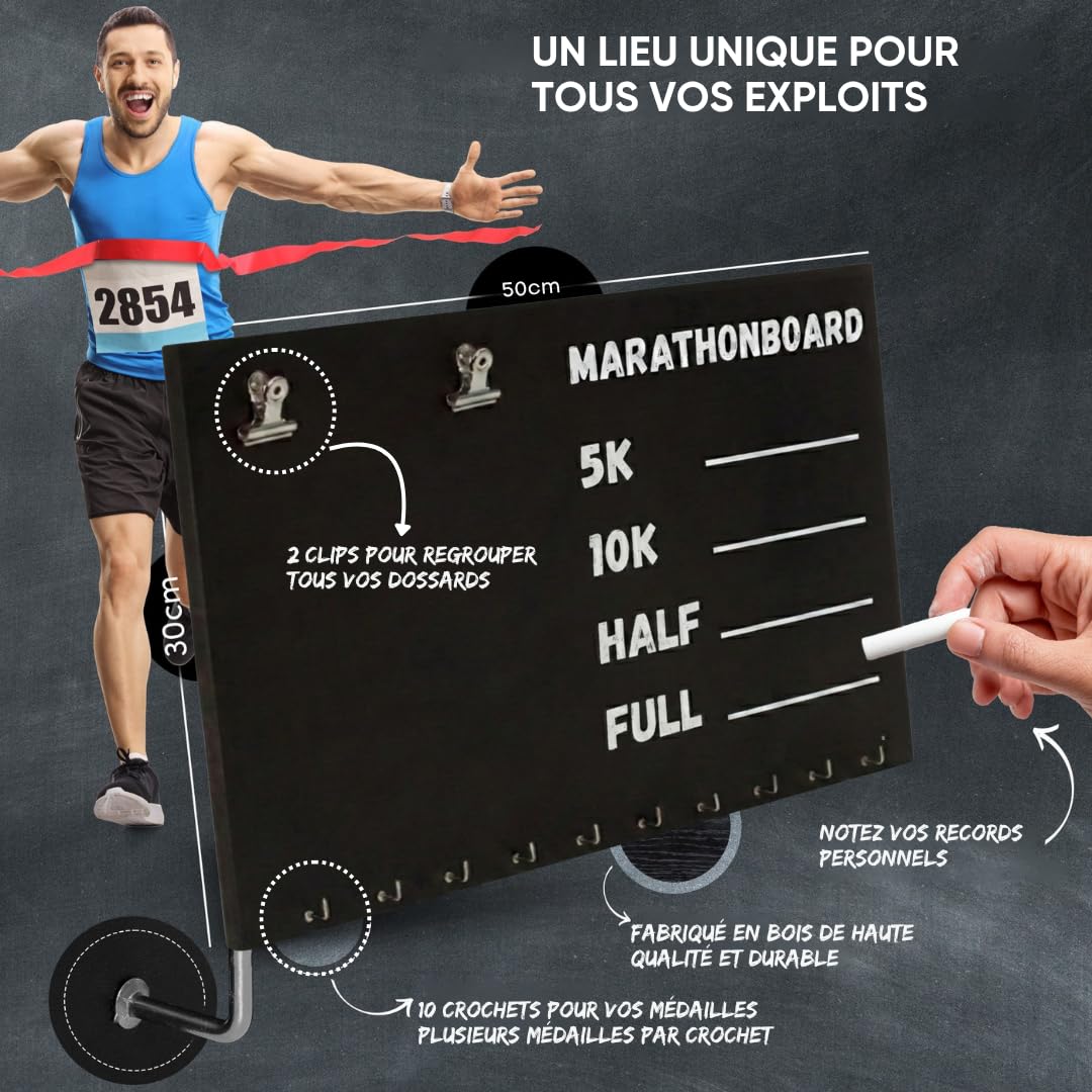 Présentoir pour médailles de Coureur, Porte-Médailles pour Coureurs – Support pour Médailles de Course à Pied et Marathon – Kit de Montage et Craie Inclus