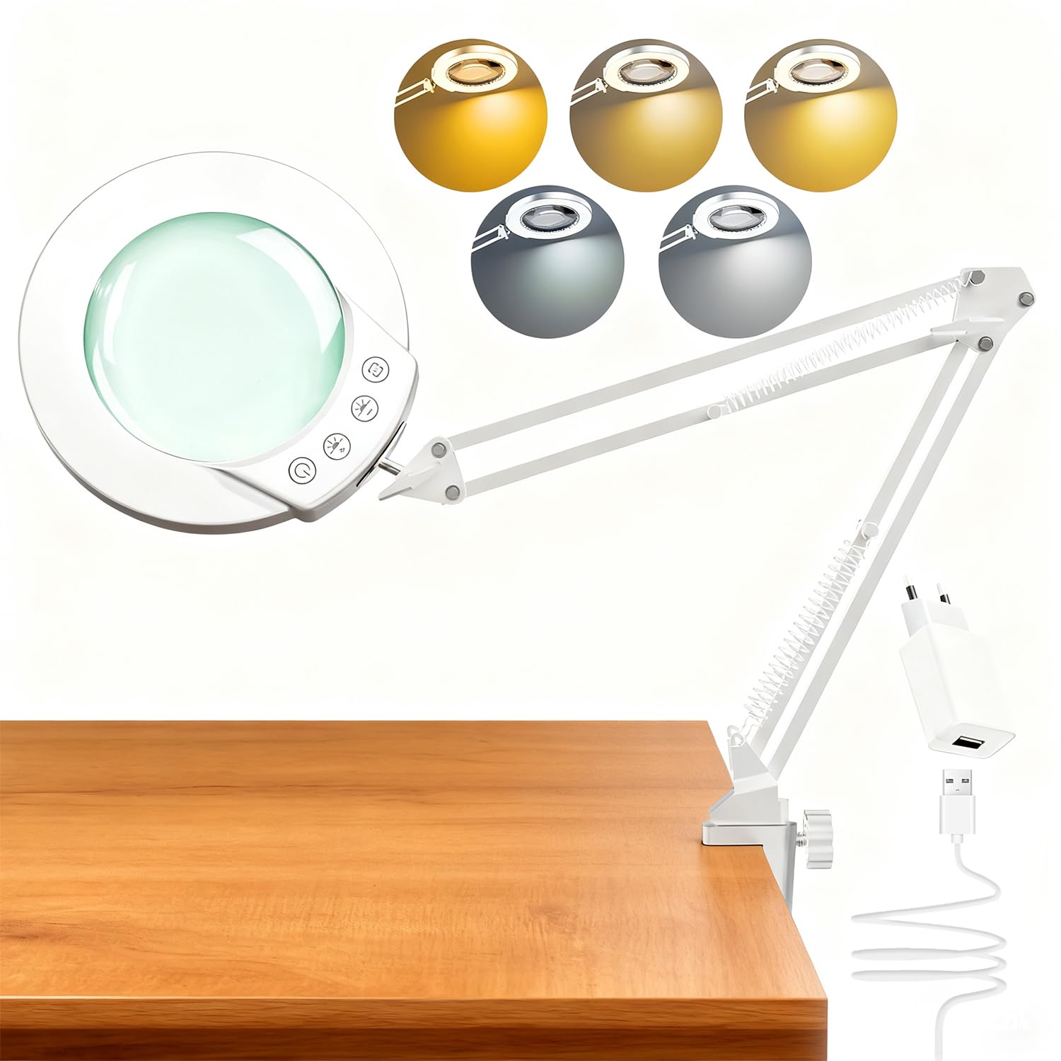 TYEE 10X lampa z lupą, lupa z oświetleniem i zaciskiem, podświetlana lupa z prawdziwego szkła z 5 trybami kolorów i płynną regulacją jasności, sterowanie dotykowe, lampa biurkowa do hobby