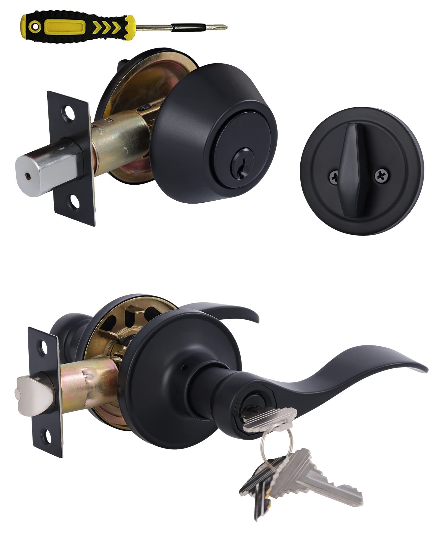Lanwandeng Keyed Alike Front Door Lever Lockset with Single Cylinder Deadbolt Combination Set, All Keyed Same Exterior Door Handle with Lock and Deadbolt, Matte Finished
