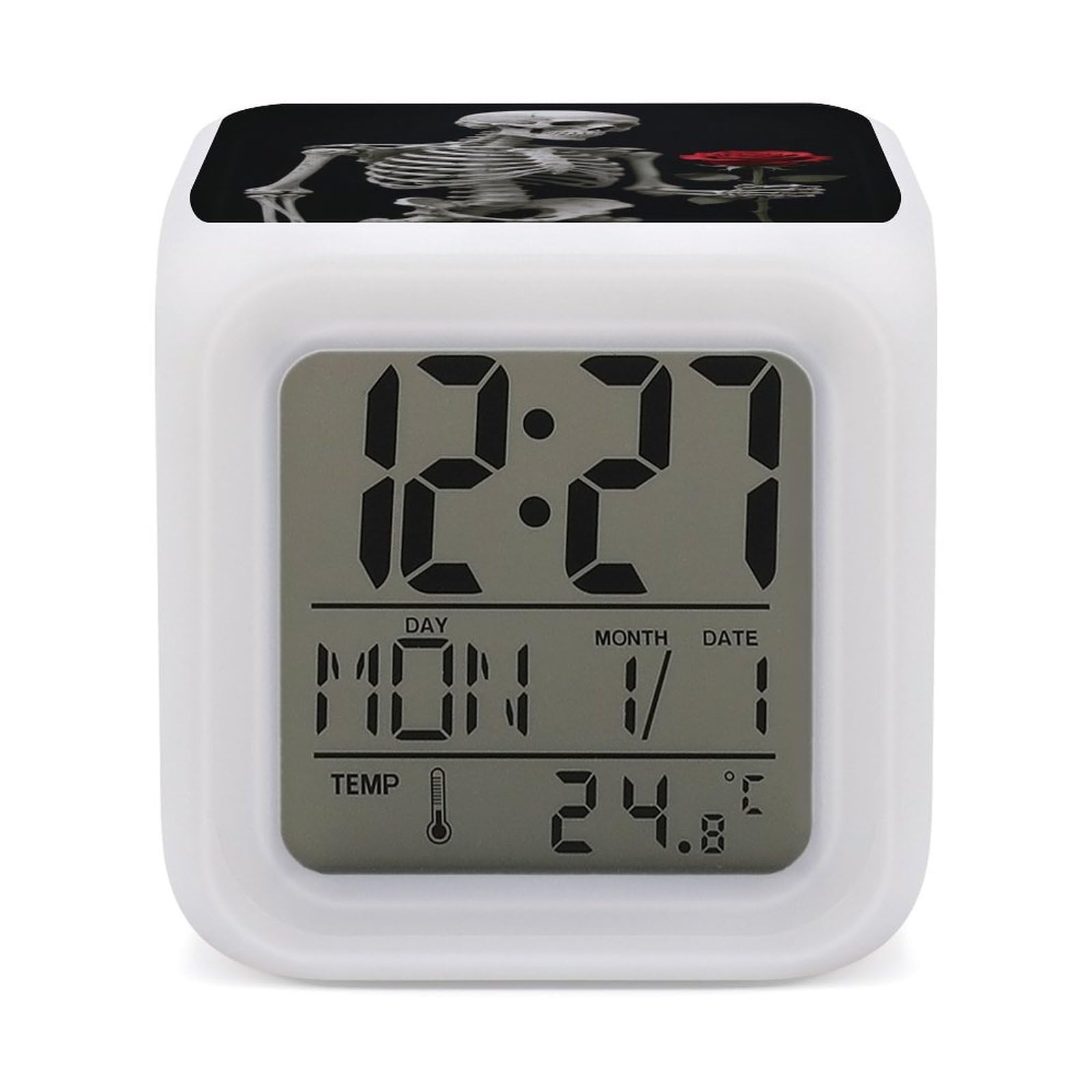 VstaDank Skeleton Holding A Red Rose Alarm Clock Sleep Trainer 7 Color Changing Night Light Modern Touch Bedside Lamp Fashion Digital Clock with Temperature Display Wake Clocks for Loud Alarm