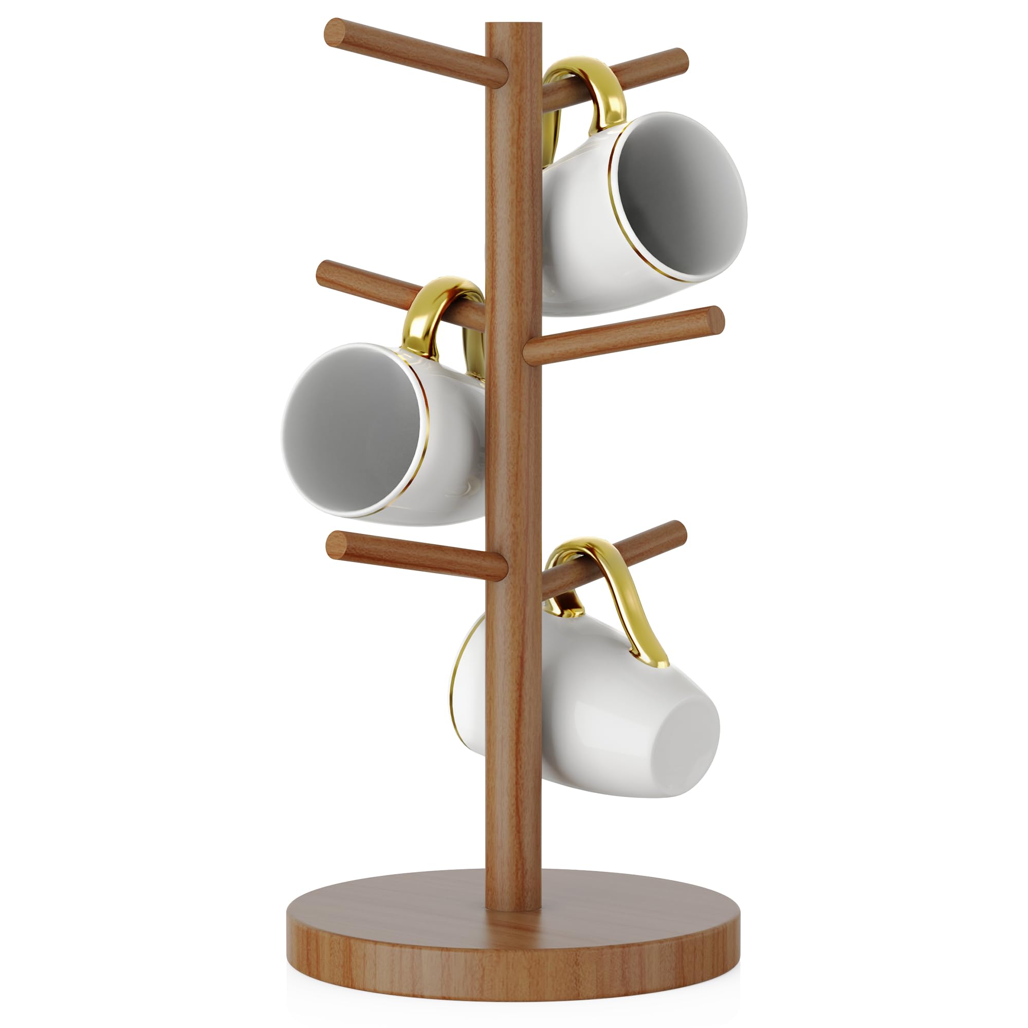 Wisuce Coffee Mug Holder, Bamboo Mug Tree with Thicker Base Coffee Cup Mug Stand for Counter, Mug Rack with 6 Hooks
