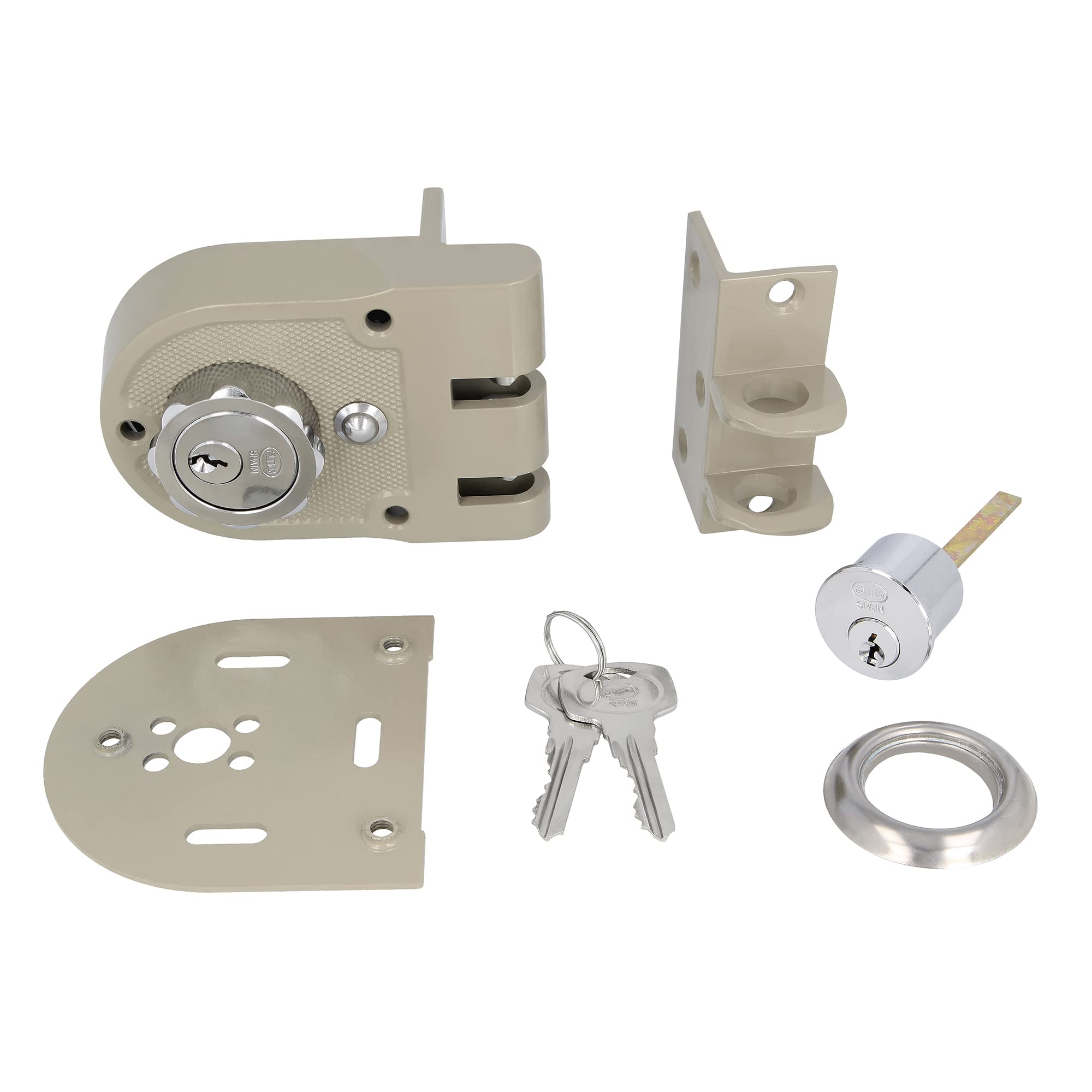 Amig - Verrouillage de Surpose Droite avec levier de Fermoir, Languette et Poignée pour Portes en Bois Mod. 1396 | 60 mm | Loquet avec Cylindre Intérieur et Extérieur | Acier Beige