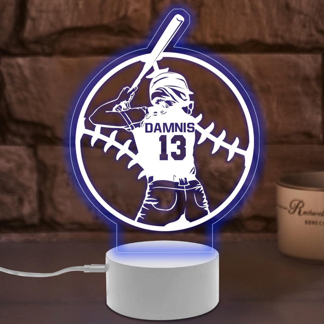 Personalized Softball Night Light for Bedroom 16 Colors Changing with Remote Control LED Softball Lamp Custom Name Number Light Up Softball Decor Birthday Christmas Gifts for Sport Lover (Softball)