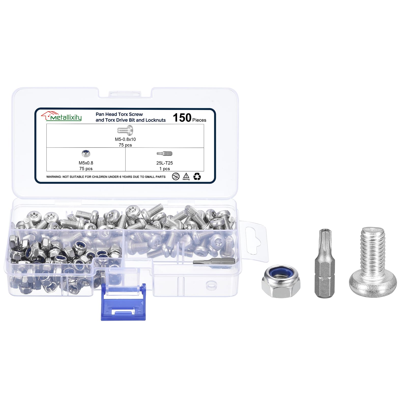 METALLIXITY Pan Head Torx Screws (M5-0.8x10mm) 150pcs with Locknuts and Torx Drive Bit Kit, Button Head Machine Screws