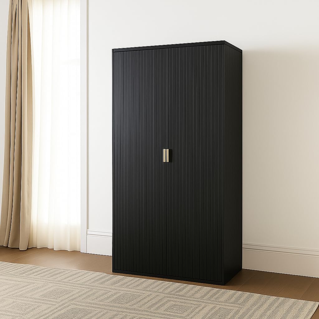Home Treats Bedroom Furniture Set Black Wooden 2 Door Wardrobe With 1 Shelf, Hanging Rail & Gold Accents Karima Set Ridged Design (Wardrobe) — image 1