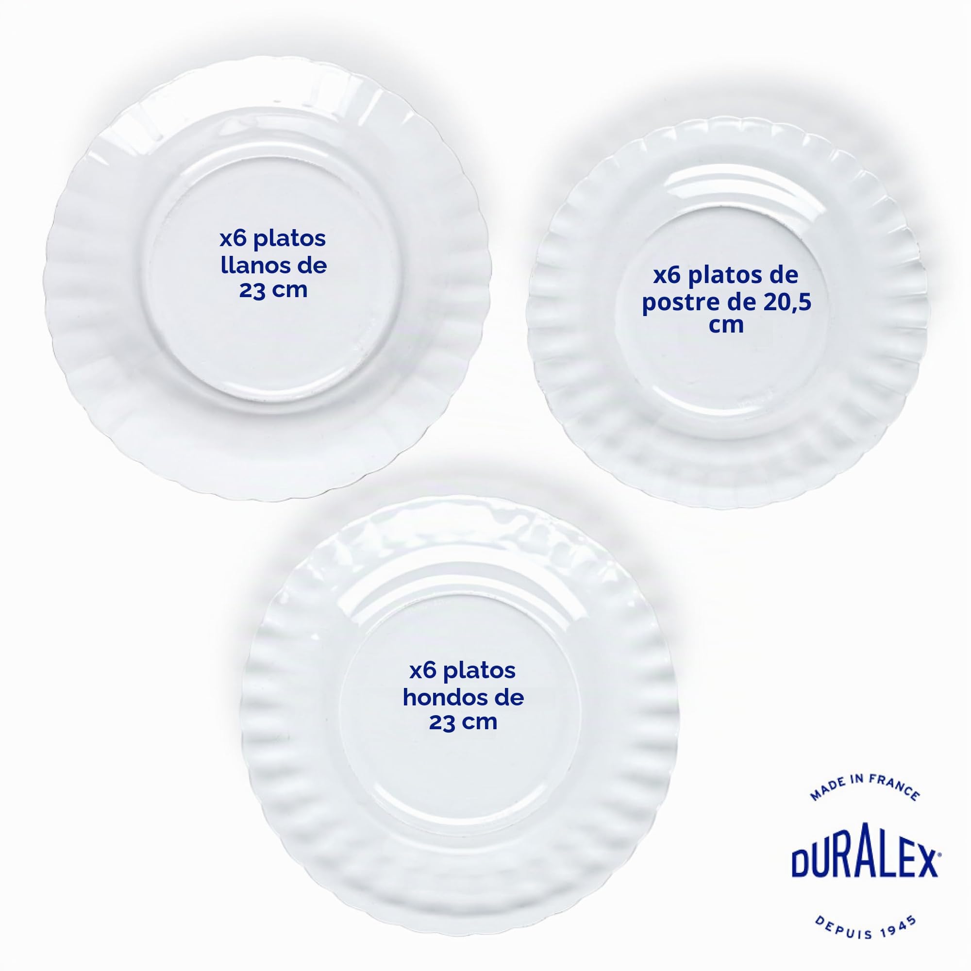 Duralex® Colección Le Picardie® | Plato ondulado de cristal - Cena 23 cl, sopa 23 cl y postre 20,5 cm | Resistente a los arañazos, apto para lavavajillas y microondas, fabricado en
