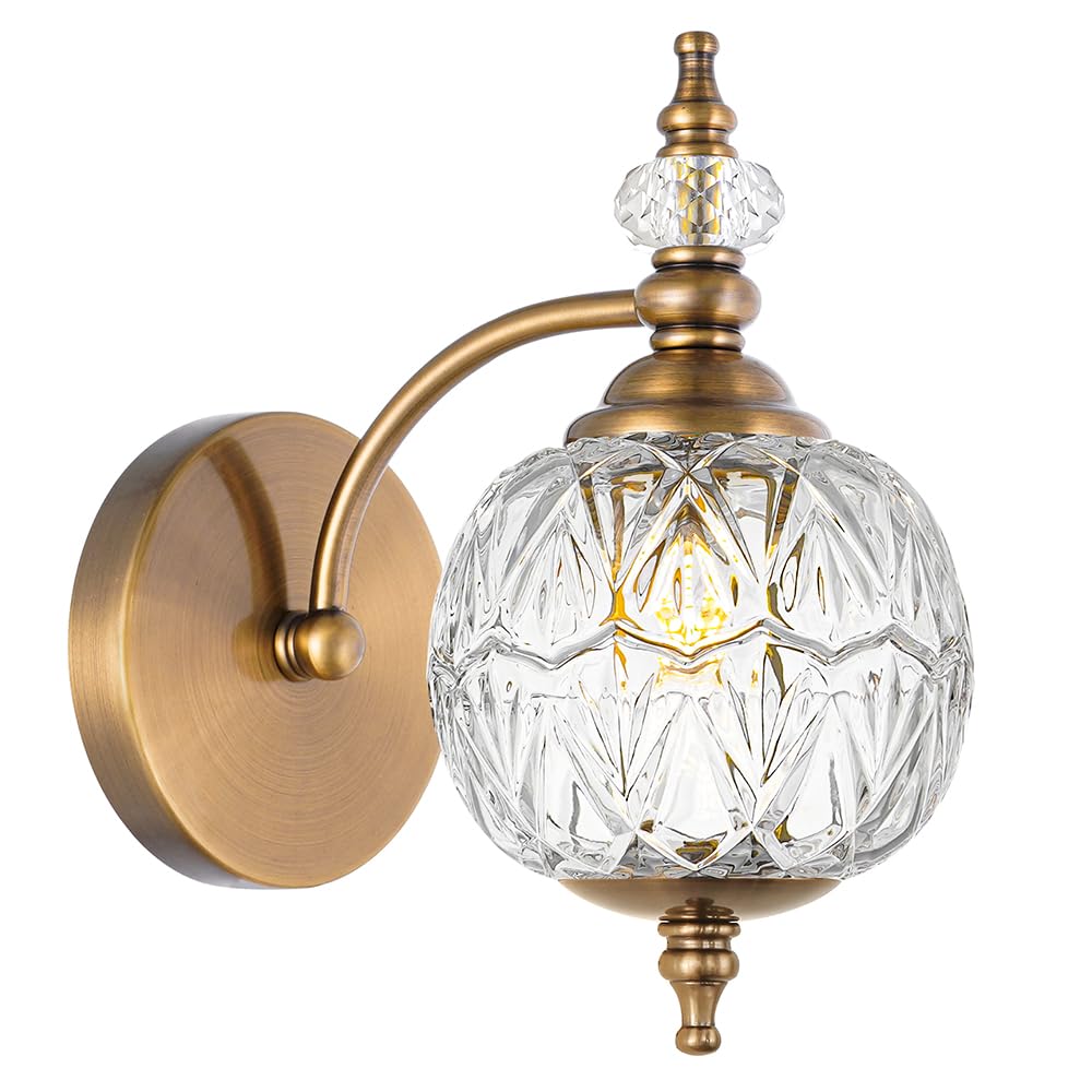 Photo 1 of Brushed Antique Brass Bathroom Wall Sconce Vintage Style - G9 Bulb Compatible, Small Hardwired Bathroom Vanity Lighting with Hand-Etched Glass Shades, Easy Mounted for Bedroom Living Room Hallway