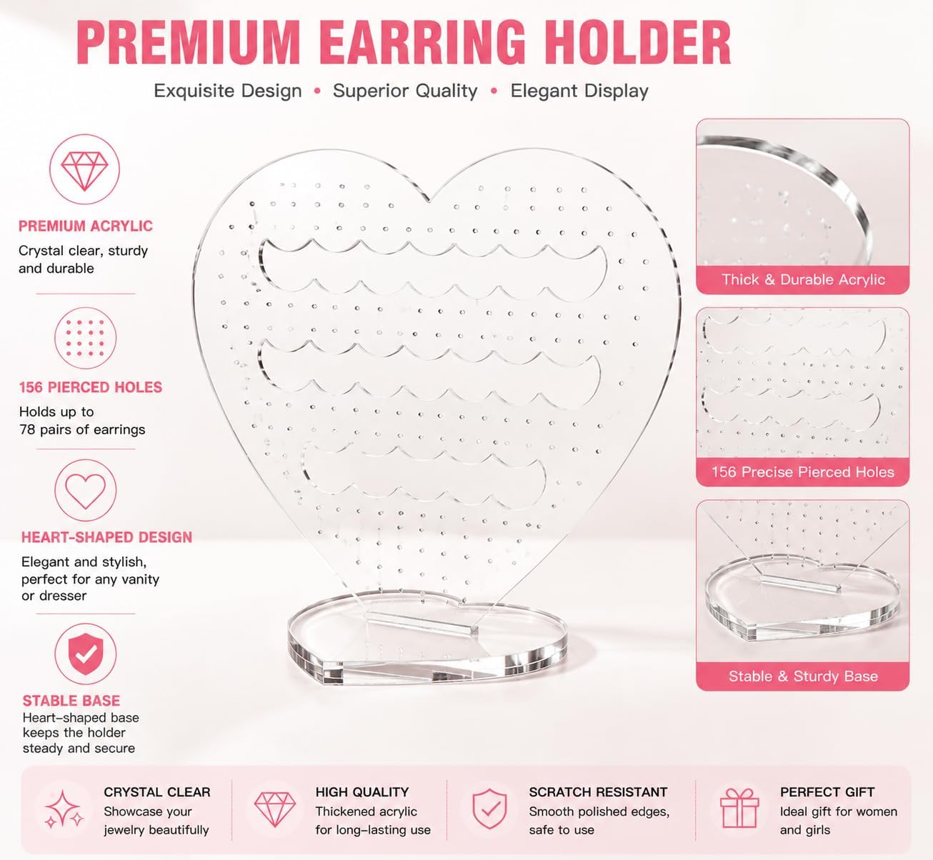 Heart-Shaped Acrylic Earring Holder – 156 Holes, Holds 78 Pairs (Studs, Dangles & Hoops), Large Display for Vanity, Present for Women & Girls (Heart shaped thickened base) image 4