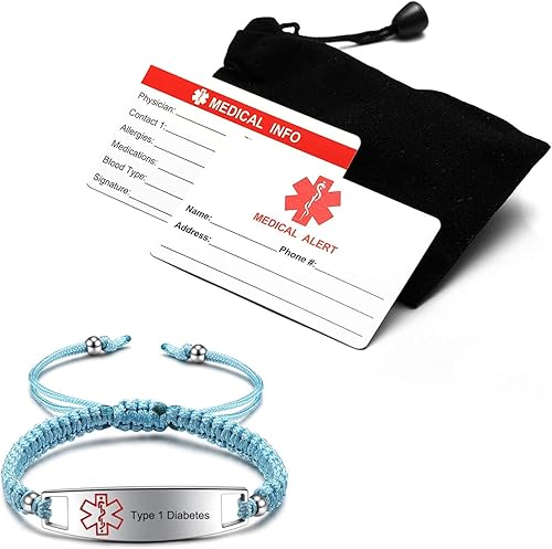 Miniatura 6 de JF.JEWELRY Pulseras de identificación de alerta médica para diabetes tipo 1 pregrabadas para hombres y mujeres, cuerda de nailon trenzada