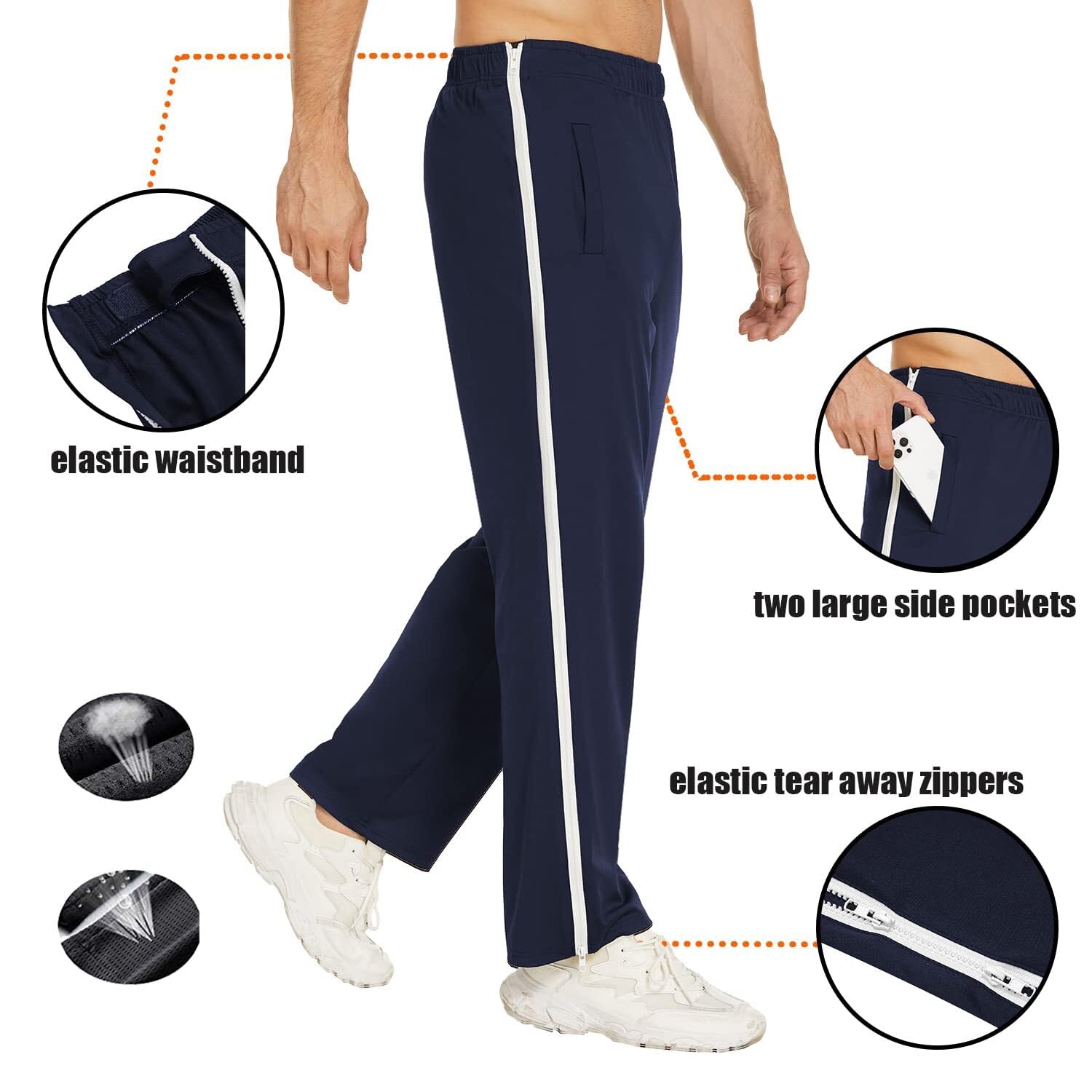 PINSPARK Pantalones largos de deporte para hombre con cremallera completa, pantalones de entrenamiento, holgados, informales, pantalones de chándal