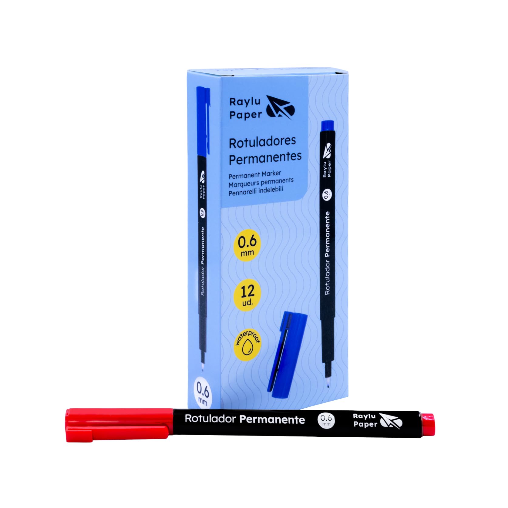 RAYLU PAPER – 12 Rotuladores Permanentes de Punta Fina, Rotulador Permanente con Secado Rápido, Resistente al Agua y a la Decoloración, para Oficina, Escuela y Uso Profesional (Rojo, 0.6mm)