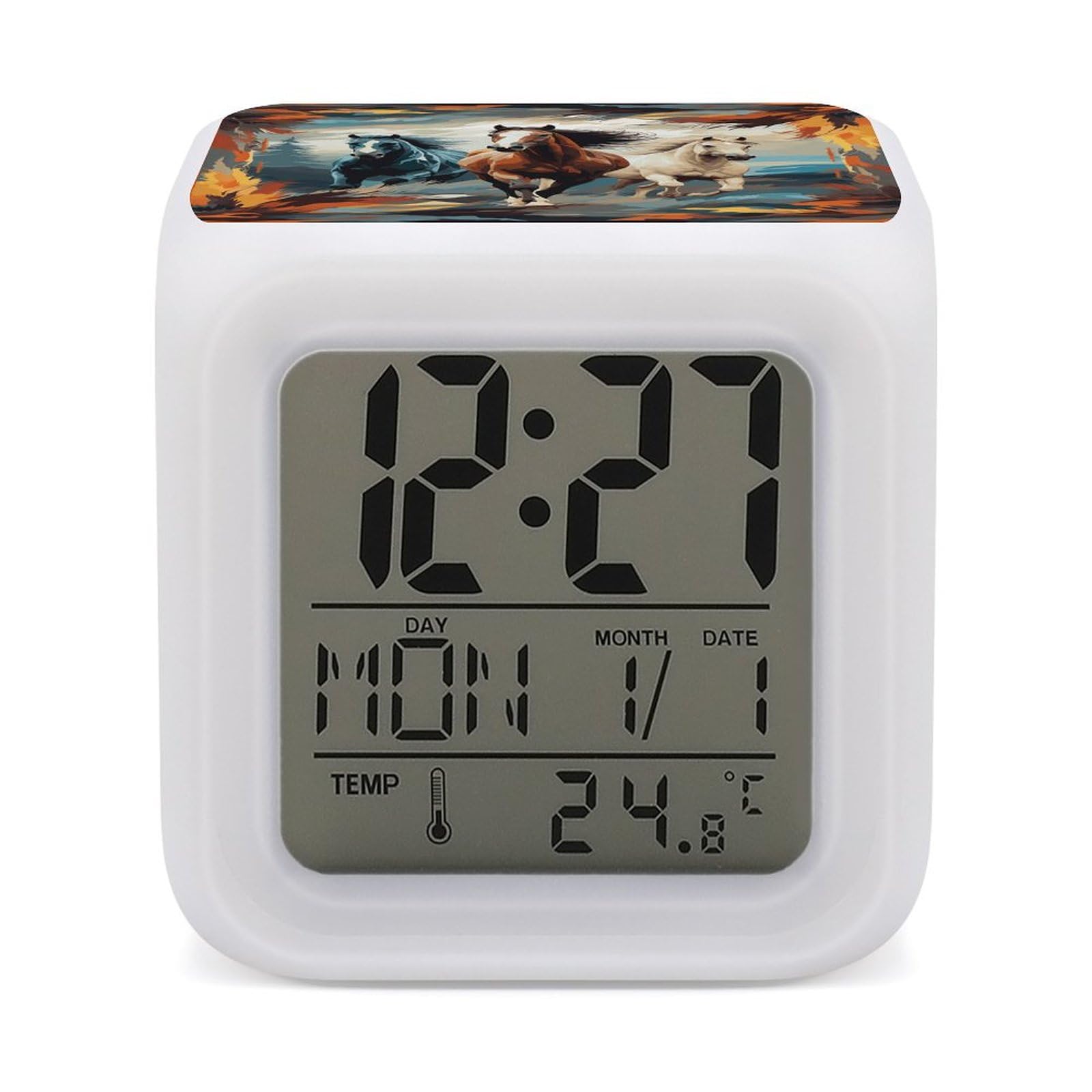 JTREHY 7 Color Changing LED Digital Alarm Clock,A Pattern with Horses As A Background Printed Wake-up Clock with Temperature Display Home Decoration Alarm Clock for Bedroom Office