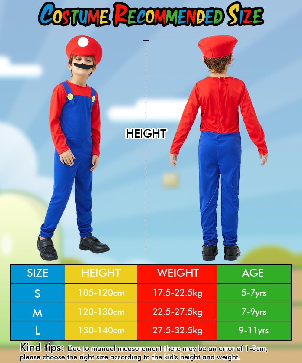 YYDSXK Super Bros Costume Bambino Adulto, Costumi Carnevale, Costumi Cosplay Classico Super Bros per Ragazzo con Cappello, Guanti per Bambino Compleanno Natale Halloween Carnevale Cosplay Vestito