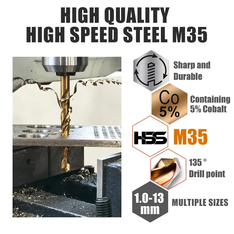 10pc 1.0-13mm Cobalt Coated Twist Drill Bit Set HSS M35 Drill Bit for Wood/Metal Hole Cutter,13.0mm