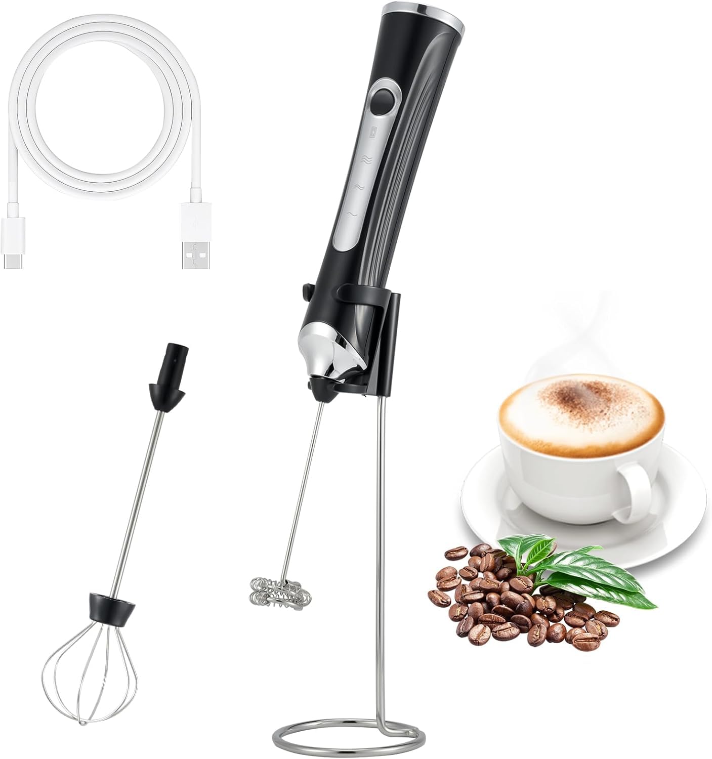 Mousseur à lait électrique portatif avec 2 têtes, fouet à café en mousse avec 3 vitesses rechargeable par USB, mélangeur pour latte, cappuccino, chocolat chaud, œuf (noir avec support)