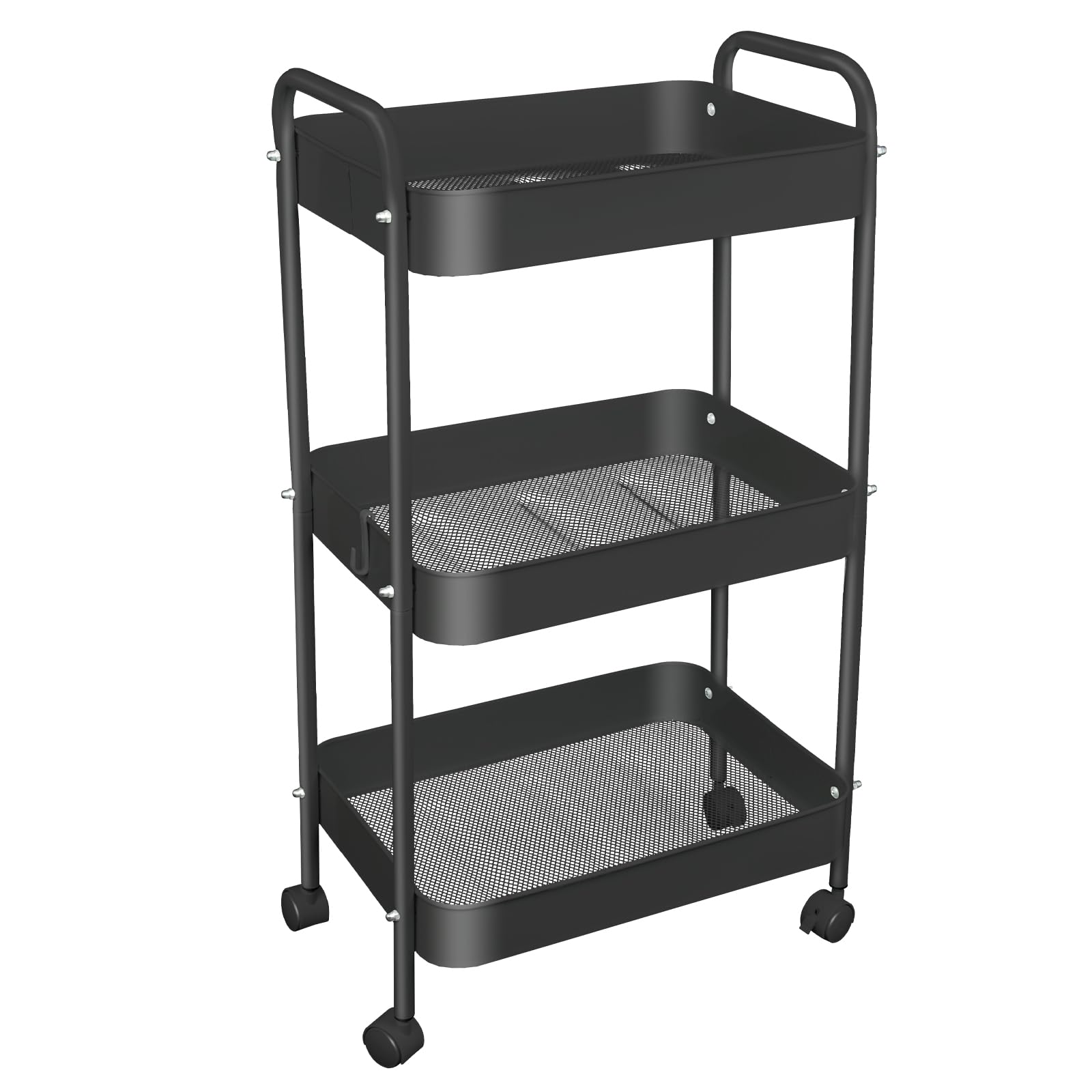 3-Tier Storage Trolley, Storage Cart Rolling Trolley Cart, Storage Unit on Wheels, Space-Saving Organiser Storage Rack with Handle for Bathroom Kitchen Bedroom, 39 x 29 x 78 cm (Black)