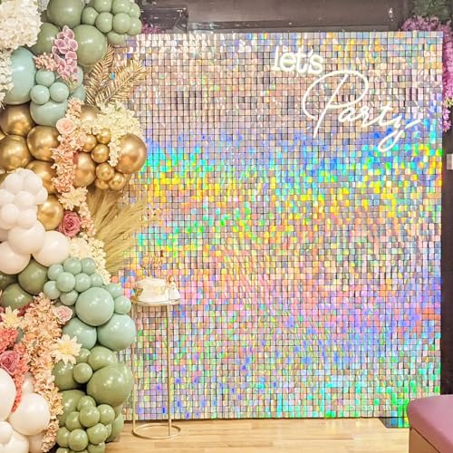 YSF 24Pcs Rainbow Silver Shimmer Wall Panels Backdrop Decoration, 12 * 12 inch Sequin Square Shimmer Decor for Balloon Garland Arch Kit Valentine's Day Birthday Party Supplies