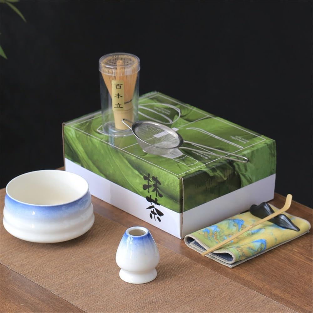 LZM-DIEWLEI Japanese Matcha Tea Set 7 Pcs Ceramic Matcha Bowl, Ceramic Whisk Holder, Matcha Whisk, Scoop, Sifter, Matcha Caddy, Tea Making Kit, Handmade Japanese Tea Ceremony Matcha Tea Kit(Blue)