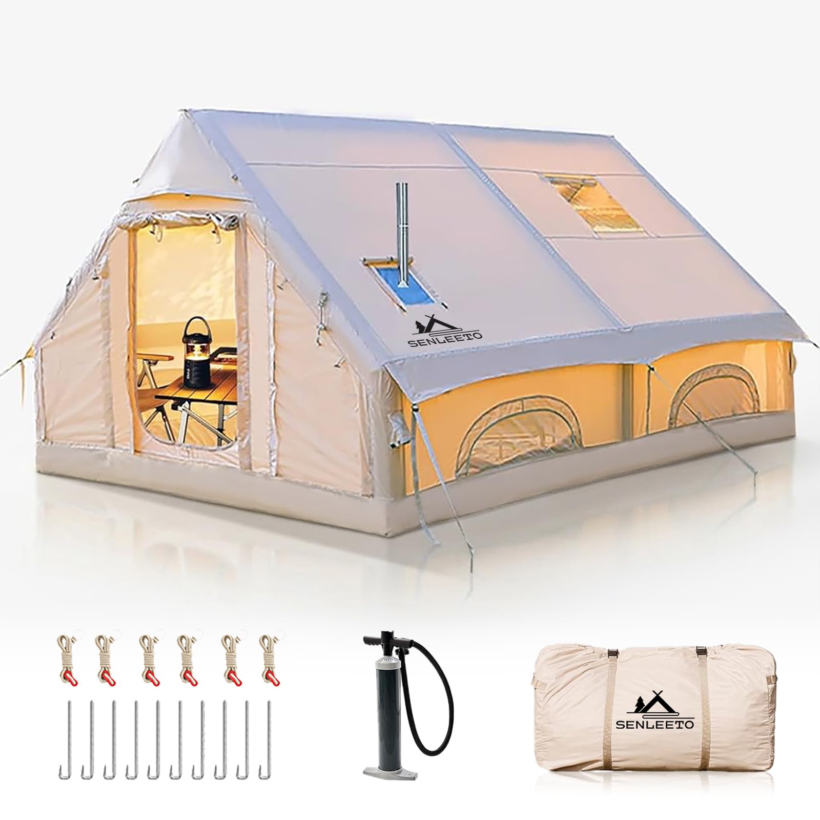 Inflatable Camping Tents 8-10 Person,129 Square Feets Large Inflatable Camping Tent with Stove Jack,Blow up Tent with Mesh Windows & Pump