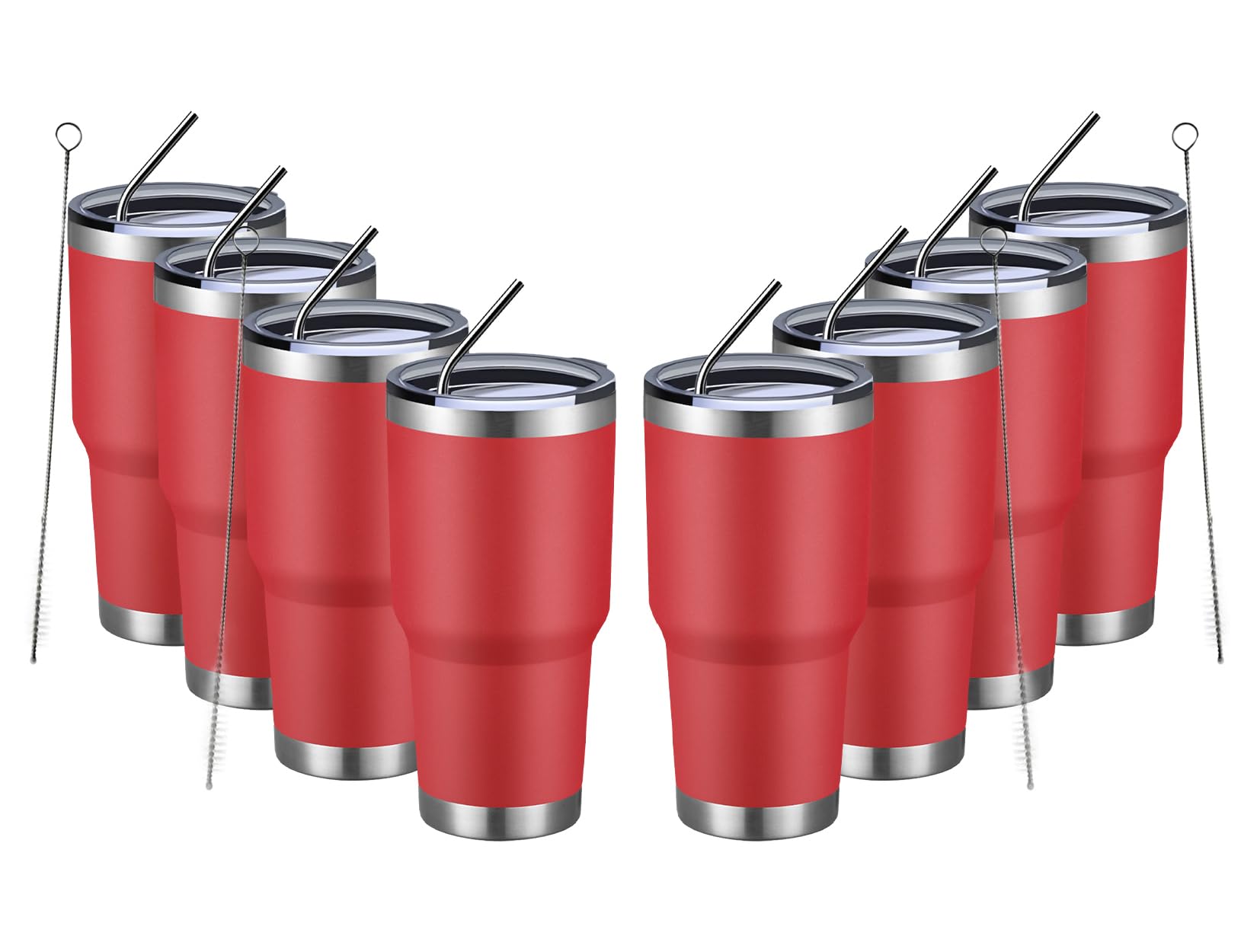 MEWAY 30oz Insulated Tumbler With Lids and Straws,Stainless Steel Double Vacuum Coffee Tumbler Cup, Brush, Durable Powder Coated Coffee Cup for Cold & Hot Drinks, Office, Travel(Coral red,8 PACK)