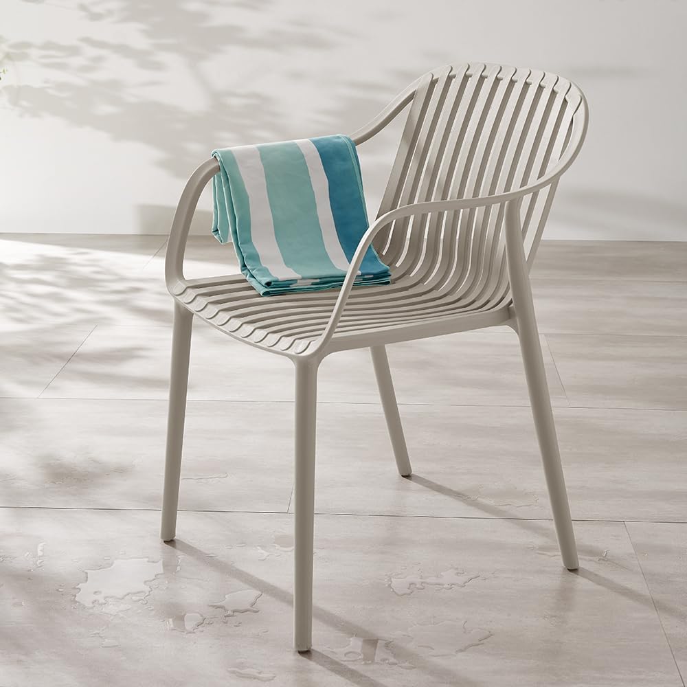 Modern Stackable Outdoor & Indoor Plastic Dining Chairs Set, Outdoor Breathable Armchairs Set, Weather-Resistant, Ideal for Patios, Cafes, and Home Use, No Assembly, Set of 4 (Gray)
