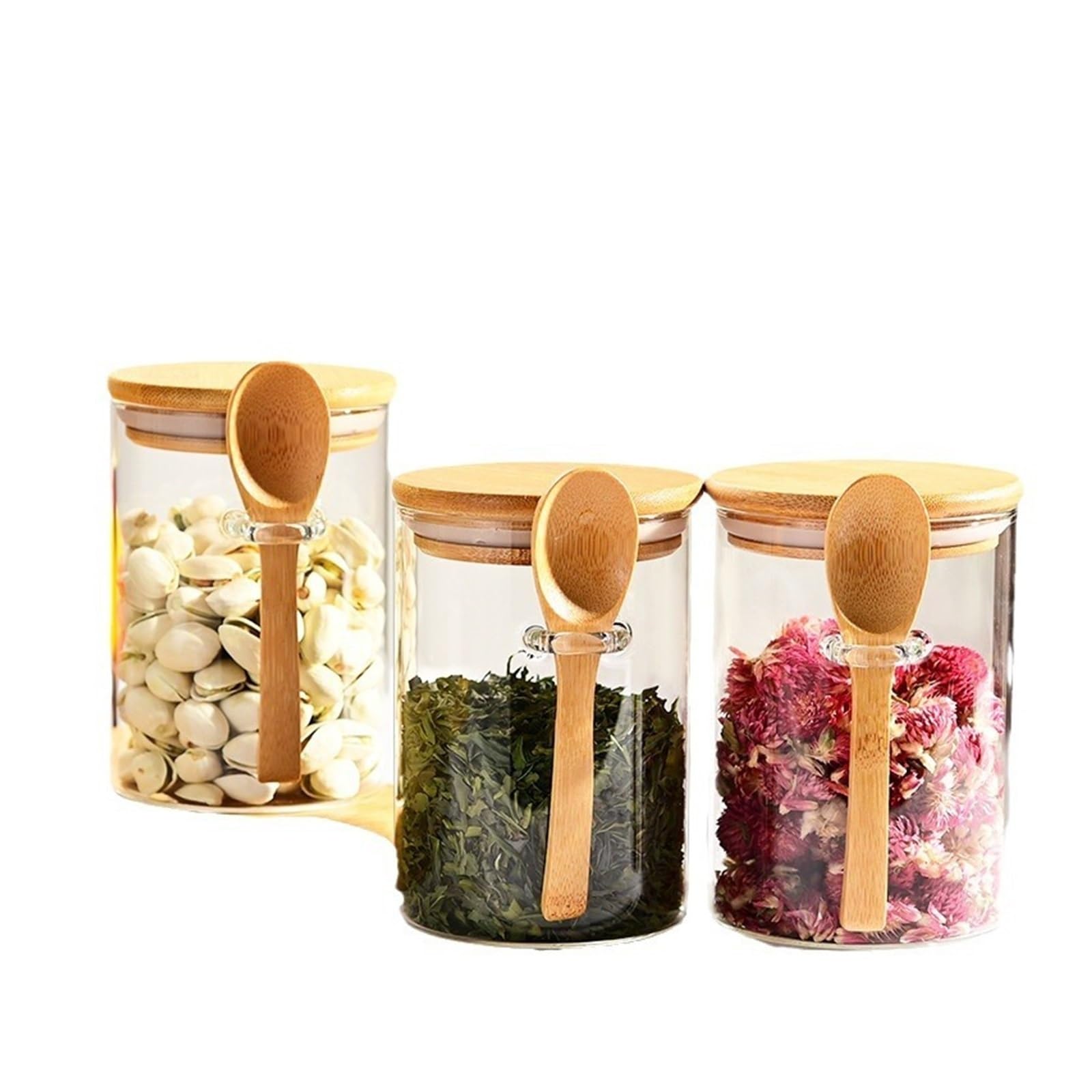 HYFEUOKF Round Glass Airtight Jar Set With Spoon Transparent Seasoning Kitchen Grain And Dried Fruit Storage Bottle